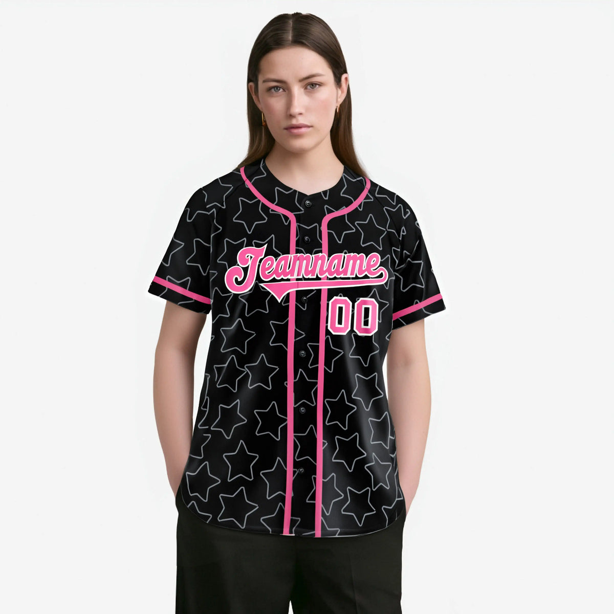 Custom Star Black Pink Baseball Jersey Button Down Shirt Personalized for Adults/Youth