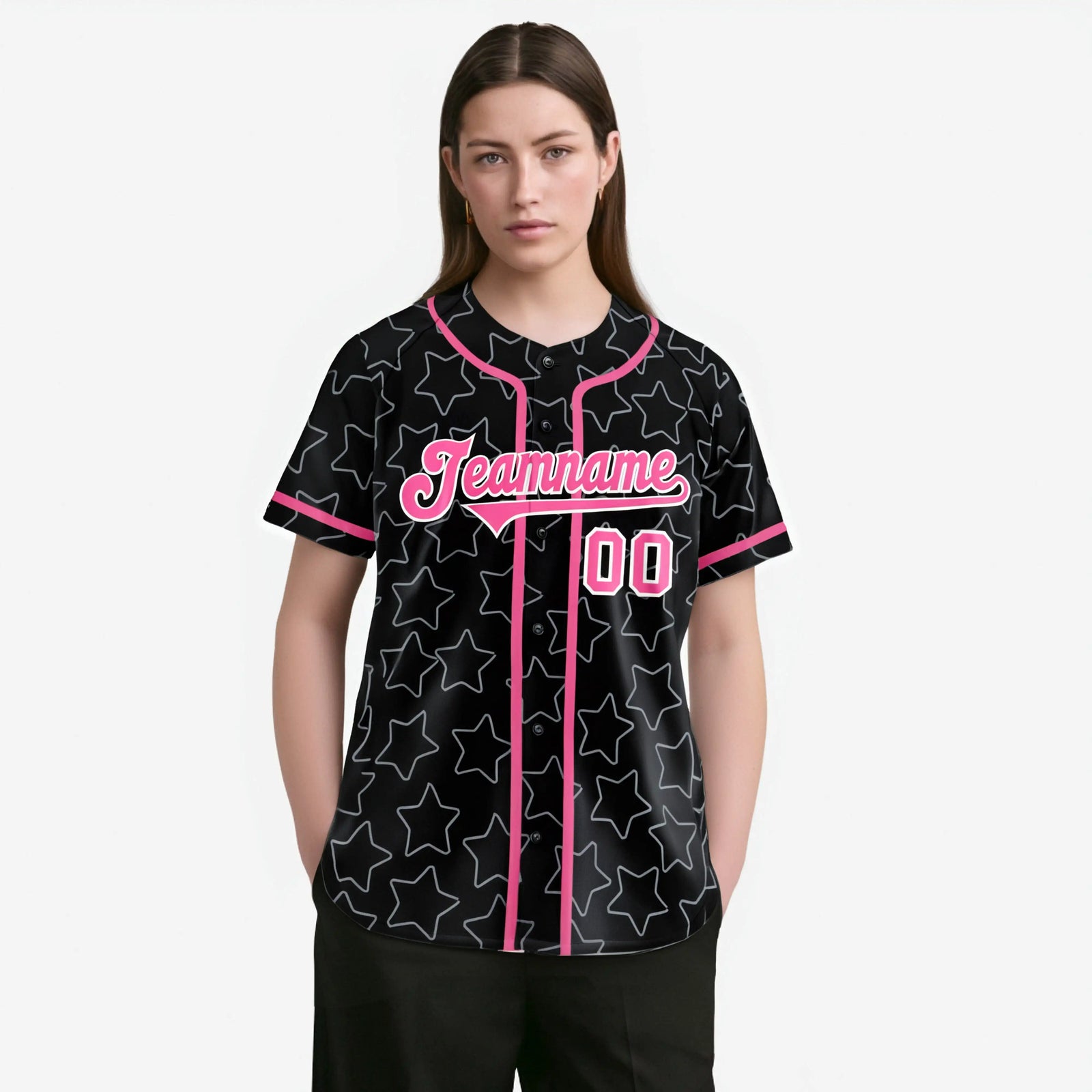 Custom Star Black Pink Baseball Jersey Button Down Shirt Personalized for Adults/Youth