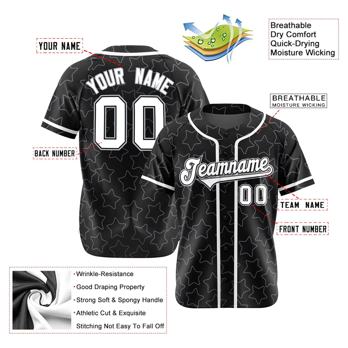 Custom Star Black White Baseball Jersey Button Down Shirt Personalized for Adults/Youth