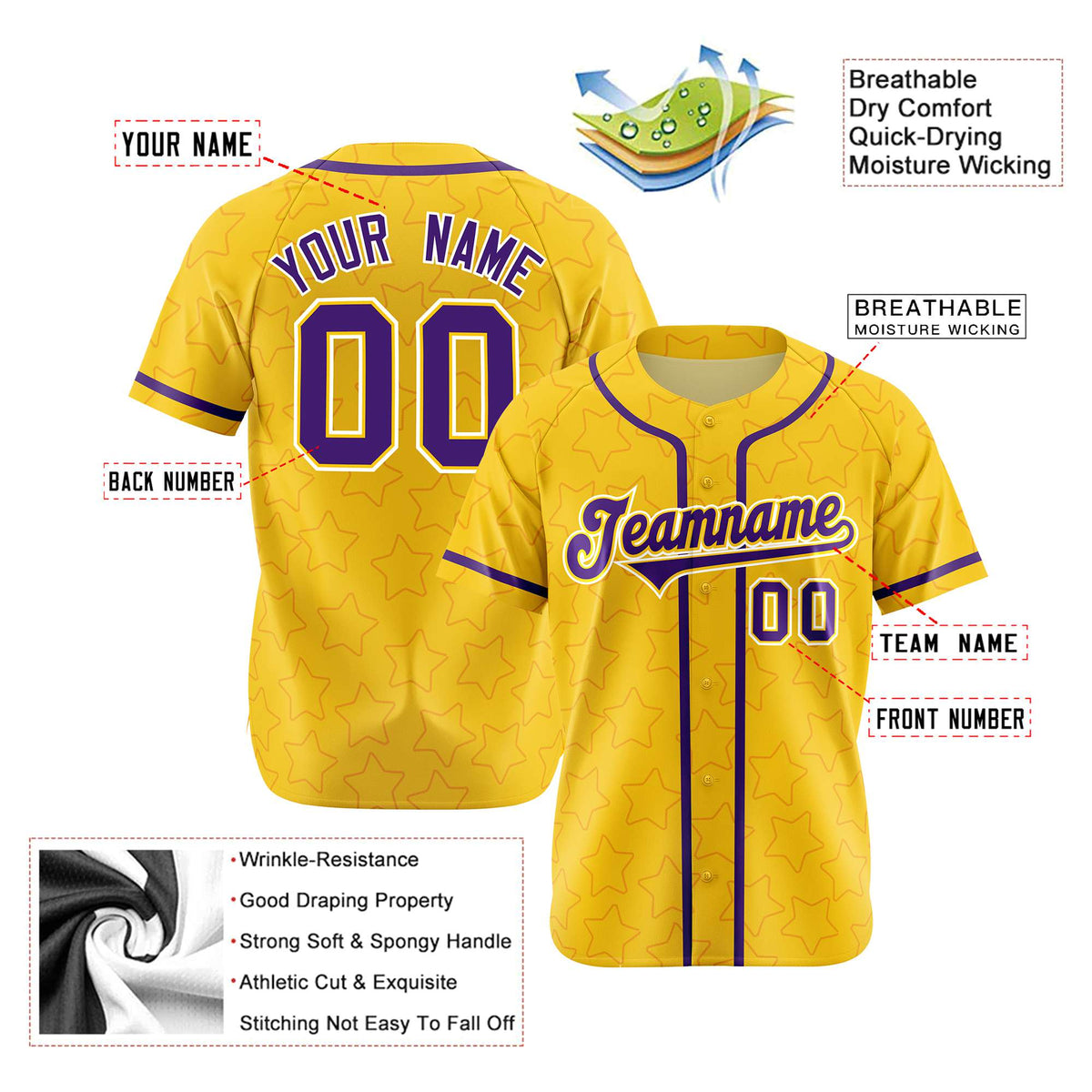 Custom Star Gold Purple Baseball Jersey Button Down Shirt Personalized for Adults/Youth