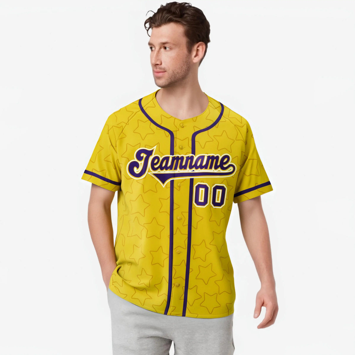 Custom Star Gold Purple Baseball Jersey Button Down Shirt Personalized for Adults/Youth