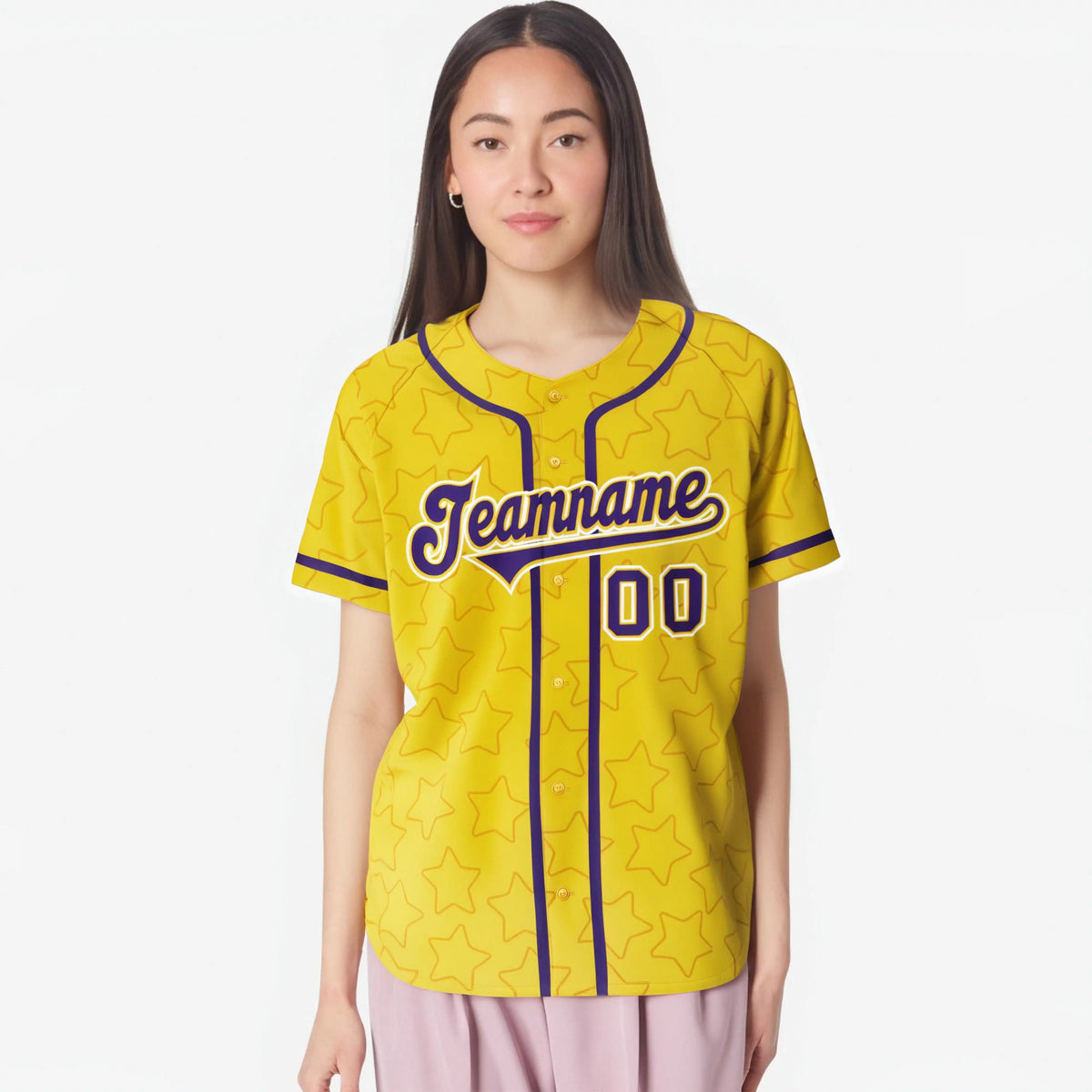 Custom Star Gold Purple Baseball Jersey Button Down Shirt Personalized for Adults/Youth