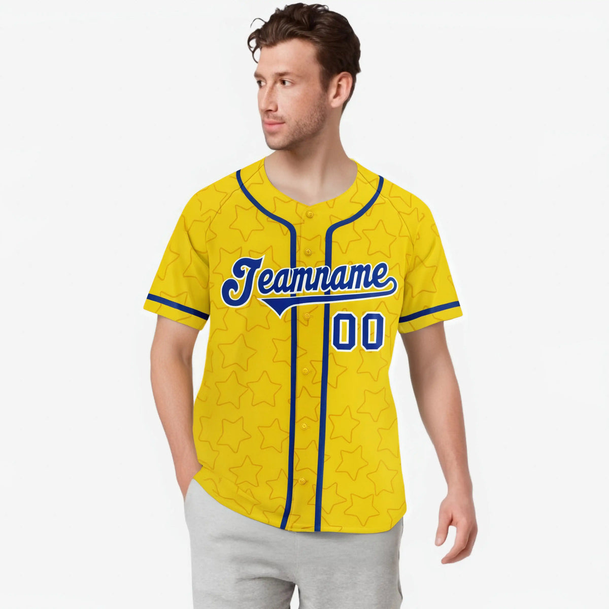 Custom Star Gold Blue Baseball Jersey Button Down Shirt Personalized for Adults/Youth