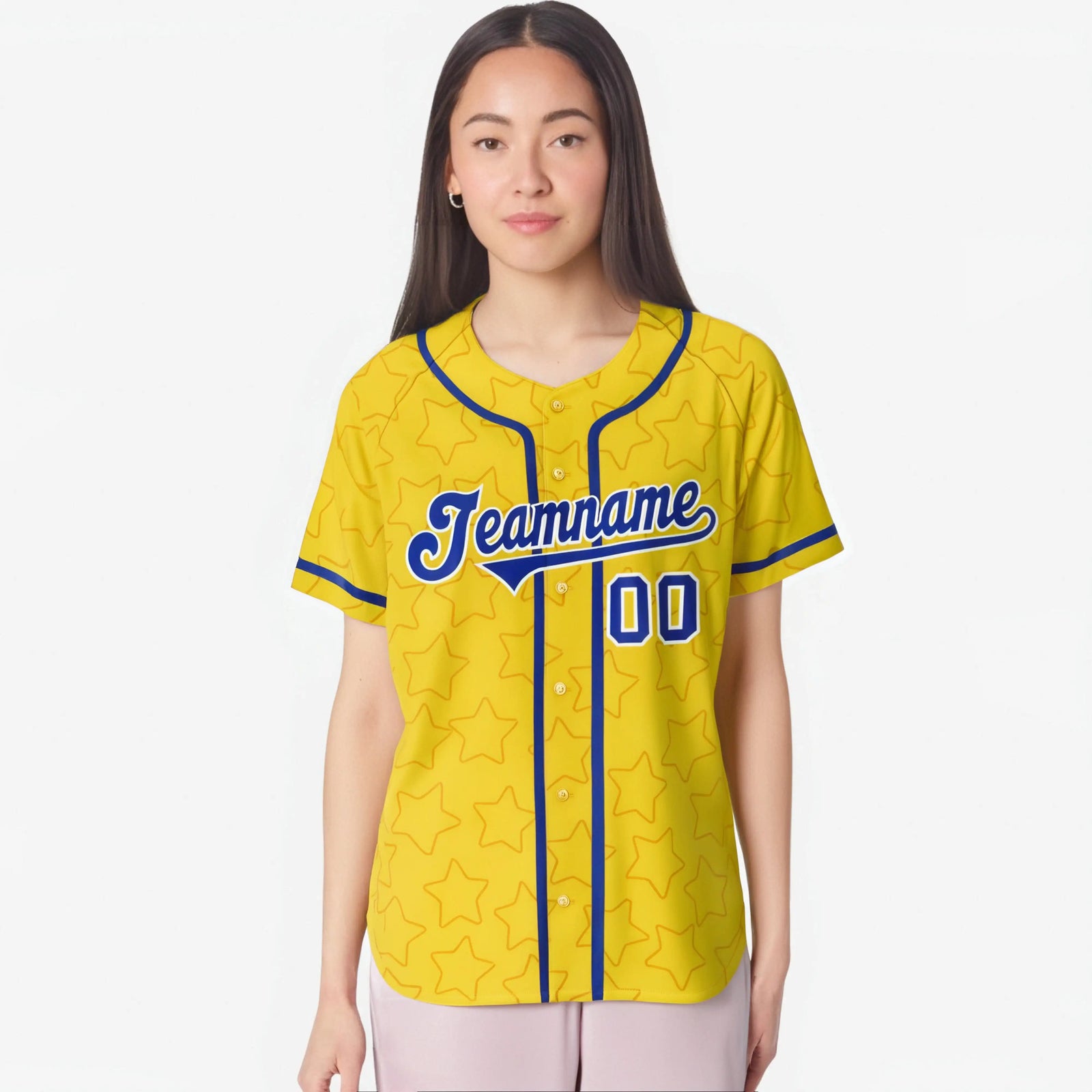 Custom Star Gold Blue Baseball Jersey Button Down Shirt Personalized for Adults/Youth