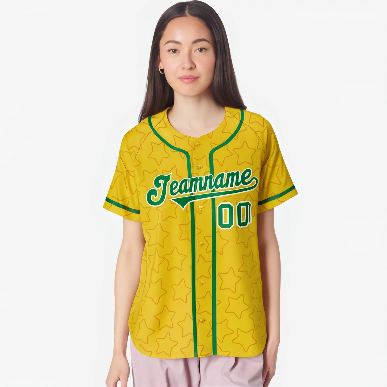 Custom Star Gold Green Baseball Jersey Button Down Shirt Personalized for Adults/Youth