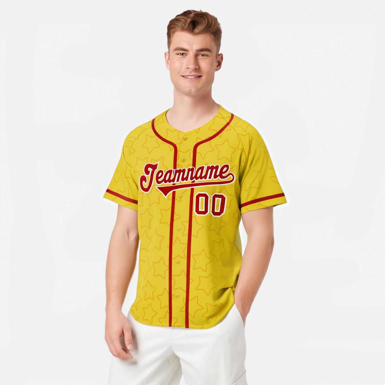 Custom Star Gold Red Baseball Jersey Button Down Shirt Personalized for Adults/Youth