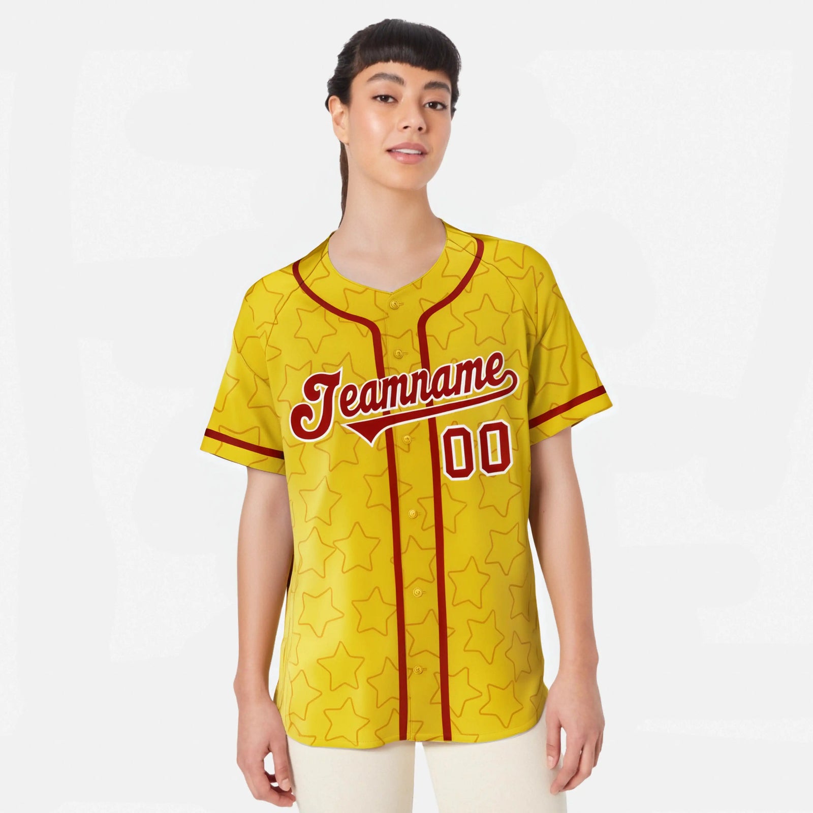 Custom Star Gold Red Baseball Jersey Button Down Shirt Personalized for Adults/Youth