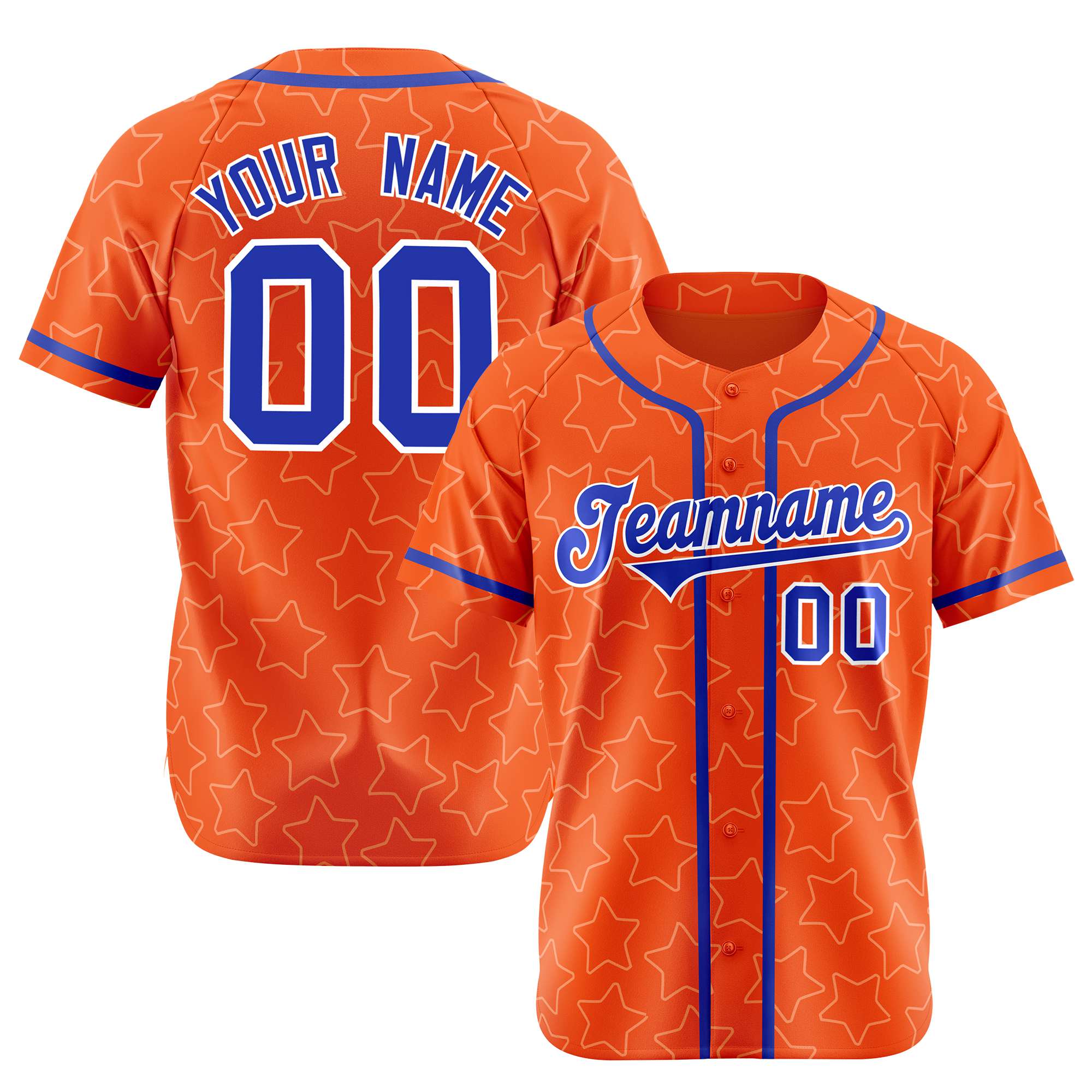 Custom Star Orange Blue Baseball Jersey Button Down Shirt Personalized for Adults/Youth