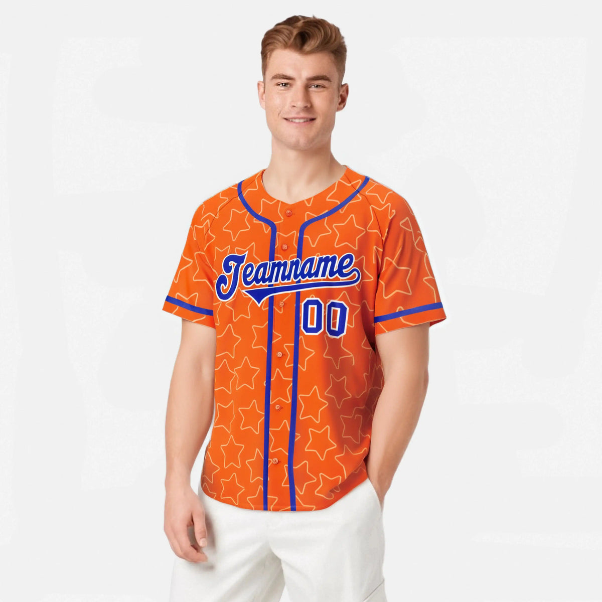 Custom Star Orange Blue Baseball Jersey Button Down Shirt Personalized for Adults/Youth