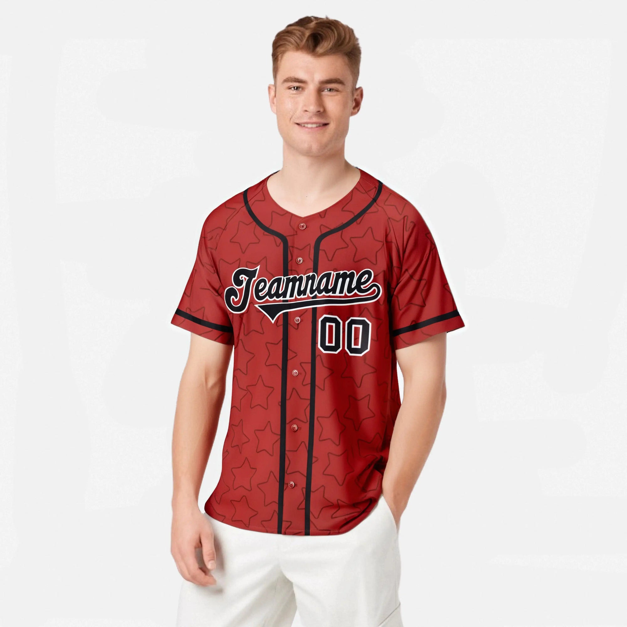 Custom Star Red Black Baseball Jersey Button Down Shirt Personalized for Adults/Youth