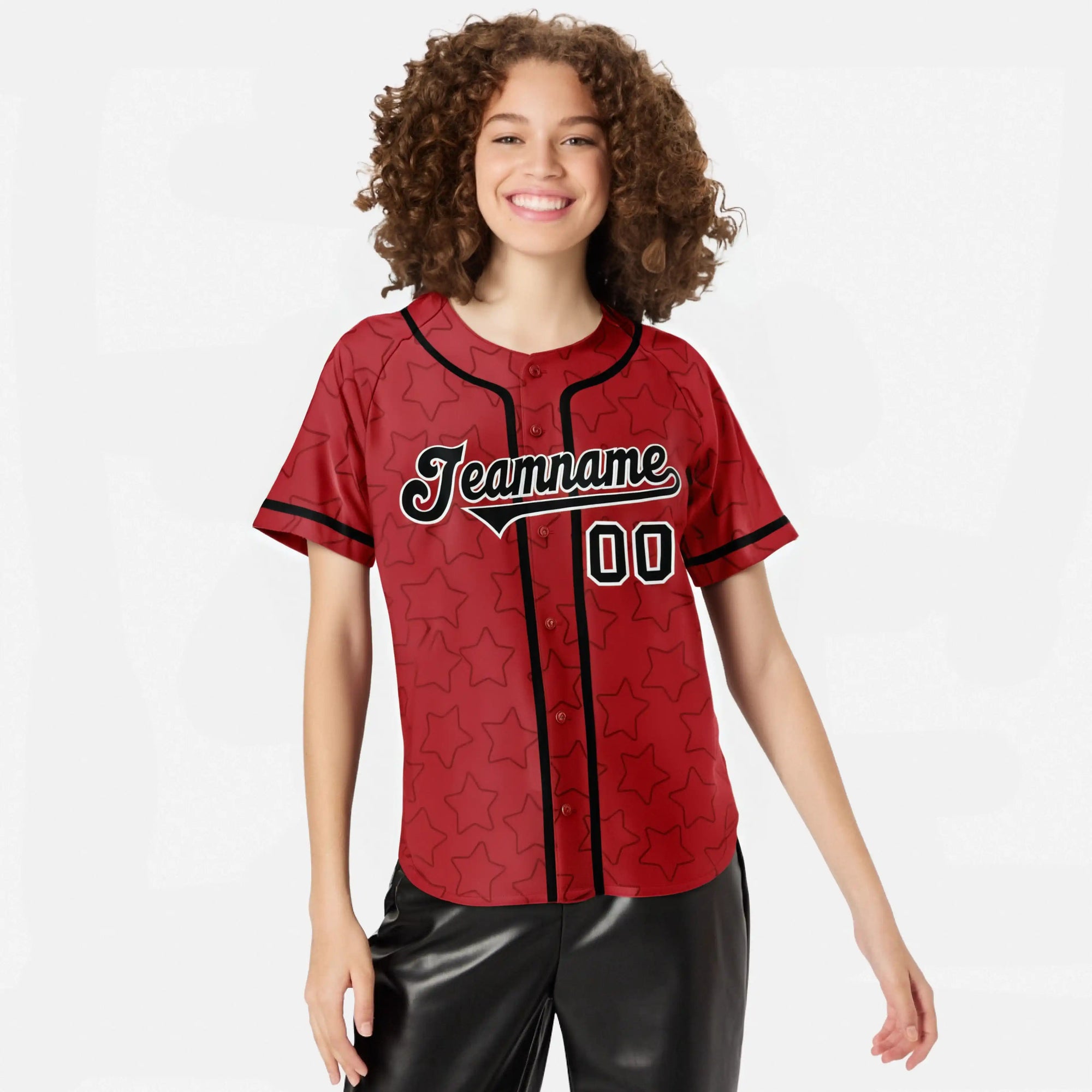 Custom Star Red Black Baseball Jersey Button Down Shirt Personalized for Adults/Youth