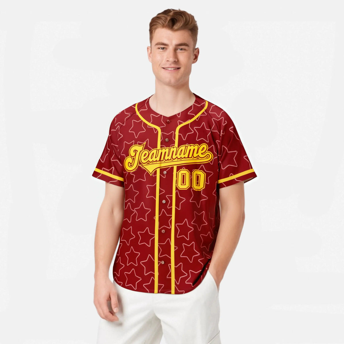 Custom Star Red Gold Baseball Jersey Button Down Shirt Personalized for Adults/Youth