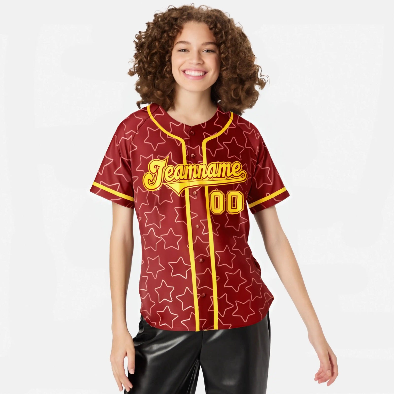 Custom Star Red Gold Baseball Jersey Button Down Shirt Personalized for Adults/Youth