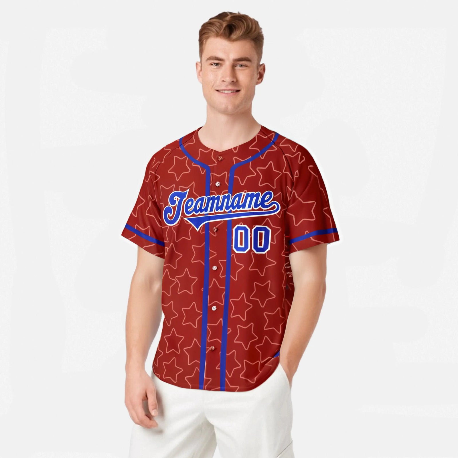 Custom Star Red Blue Baseball Jersey Button Down Shirt Personalized for Adults/Youth