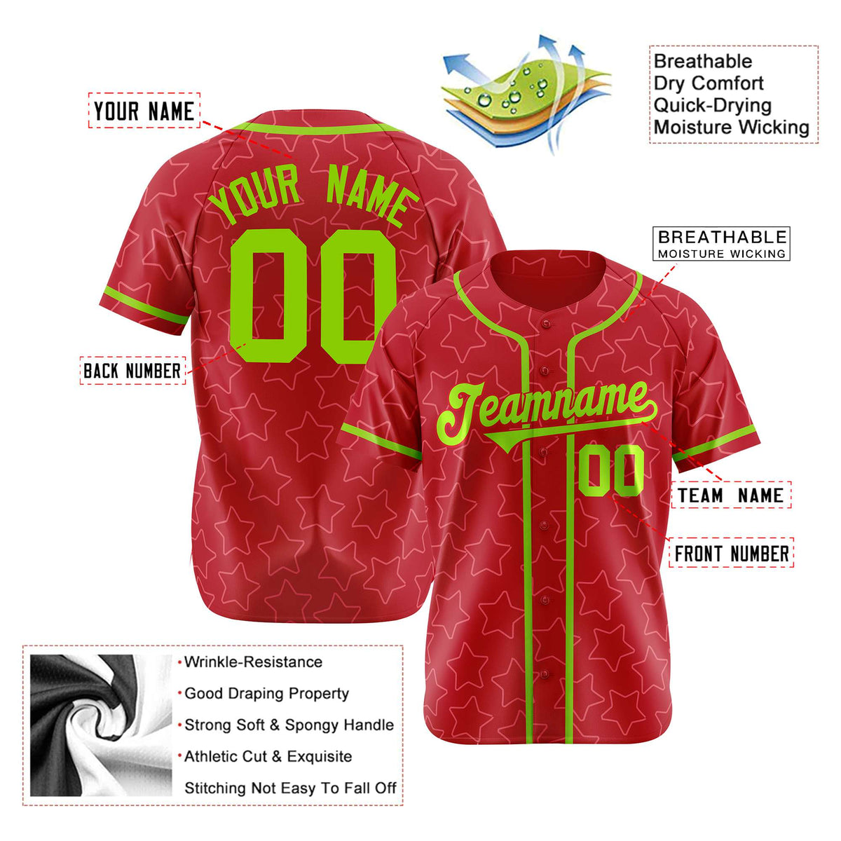 Custom Star Red Lime-Green Baseball Jersey Button Down Shirt Personalized for Adults/Youth