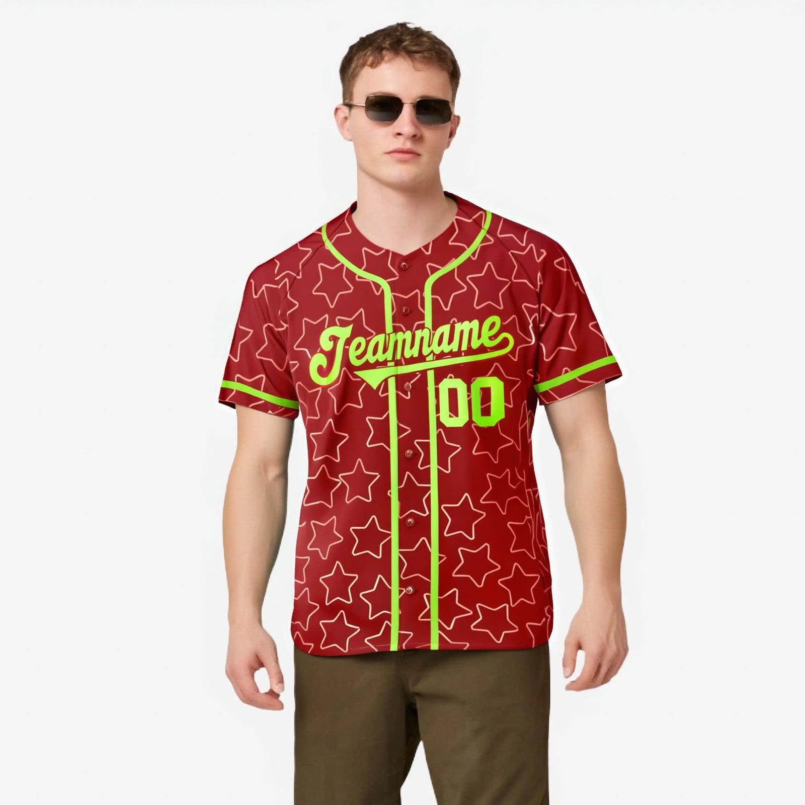 Custom Star Red Lime-Green Baseball Jersey Button Down Shirt Personalized for Adults/Youth