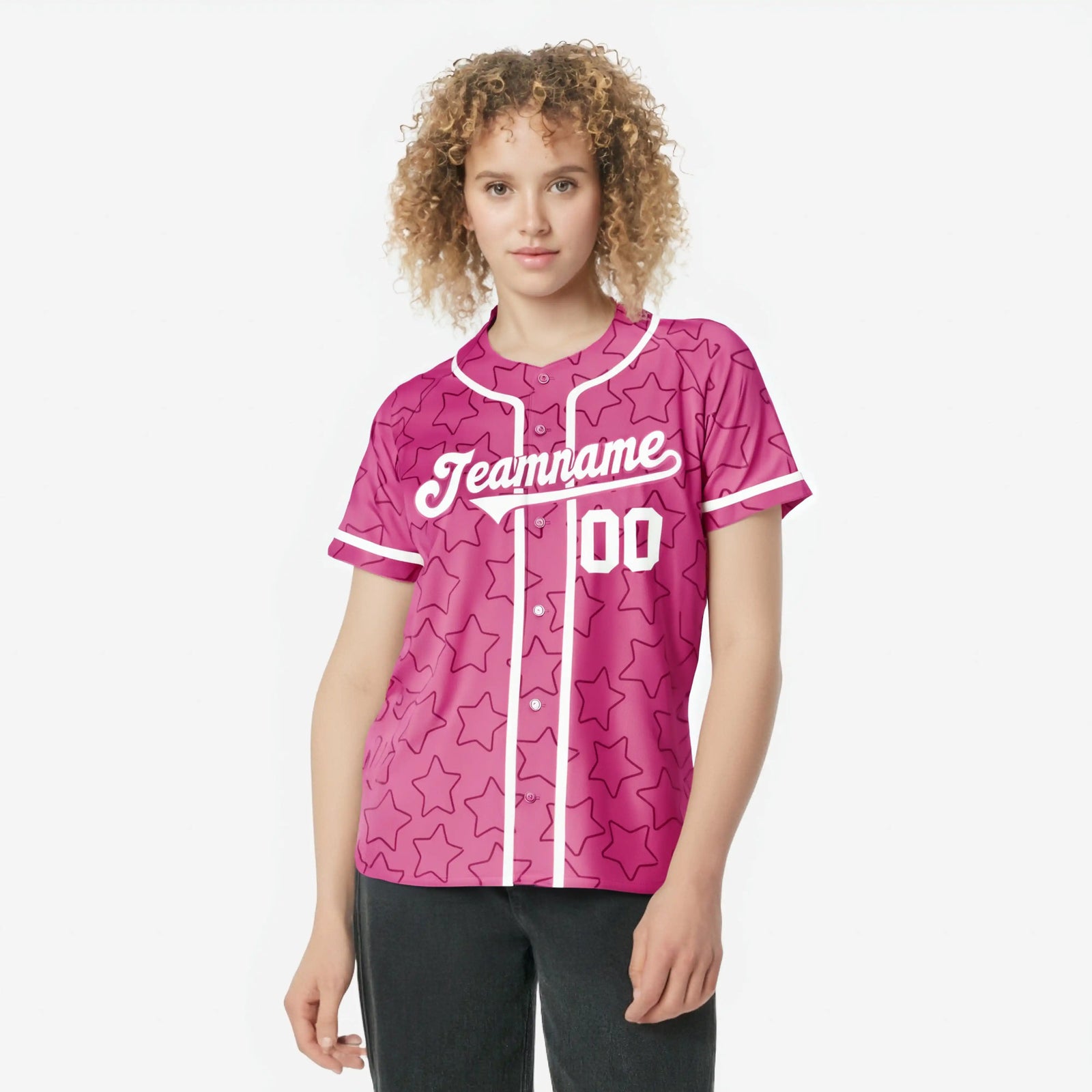 Custom Star Pink White Baseball Jersey Button Down Shirt Personalized for Adults/Youth