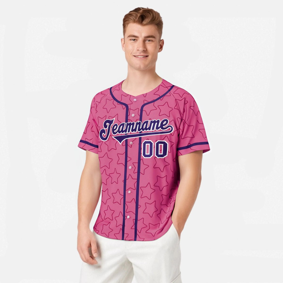 Custom Star Pink Purple Baseball Jersey Button Down Shirt Personalized for Adults/Youth