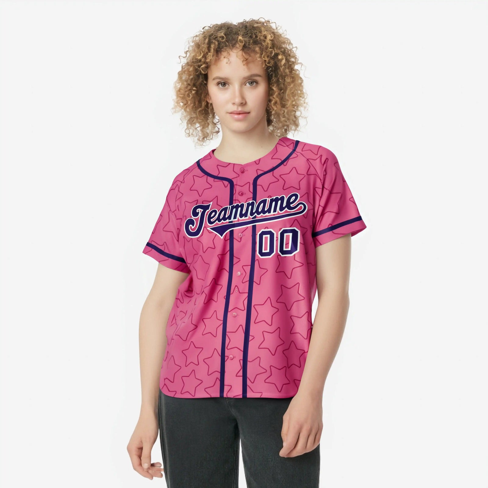 Custom Star Pink Purple Baseball Jersey Button Down Shirt Personalized for Adults/Youth