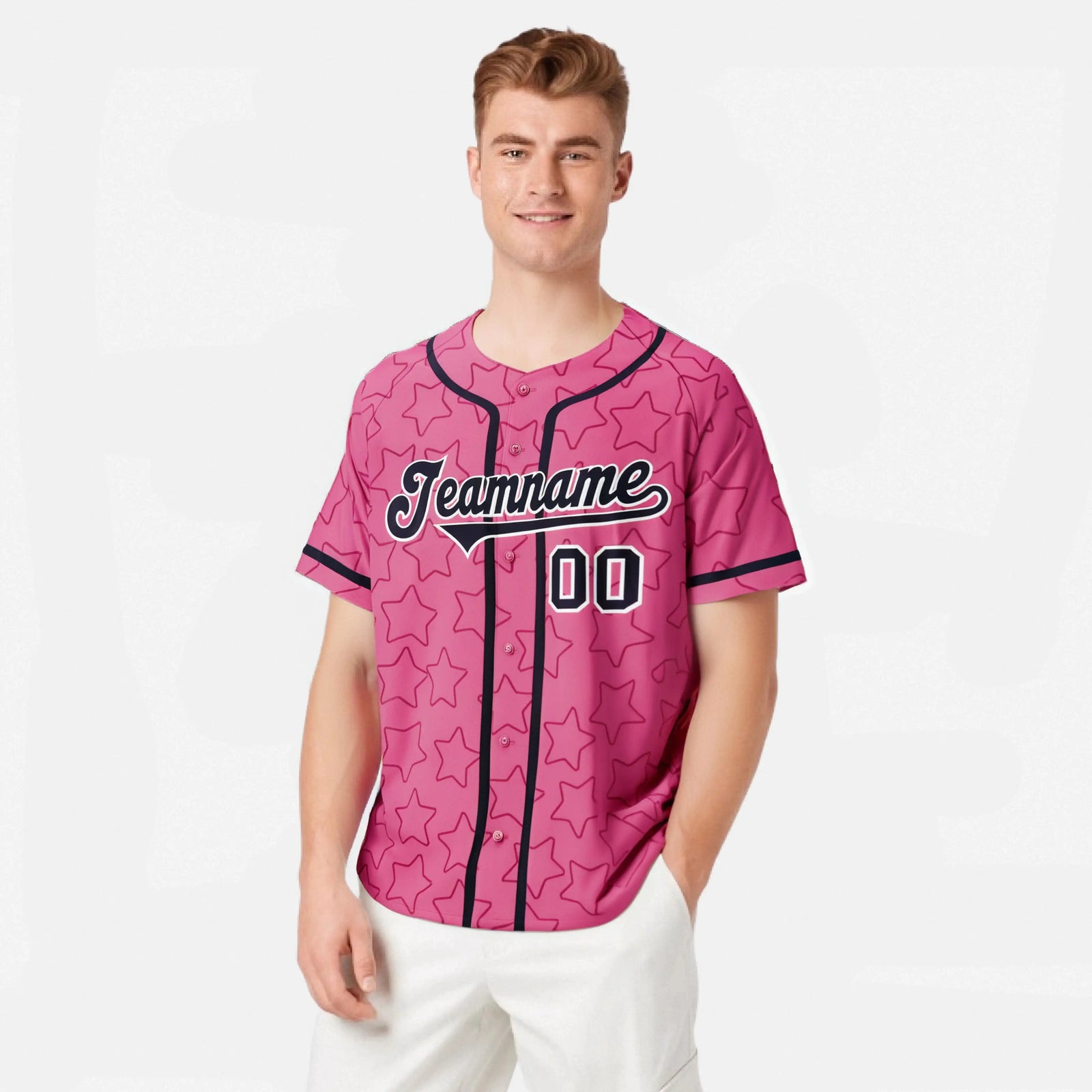 Custom Star Pink Black Baseball Jersey Button Down Shirt Personalized for Adults/Youth