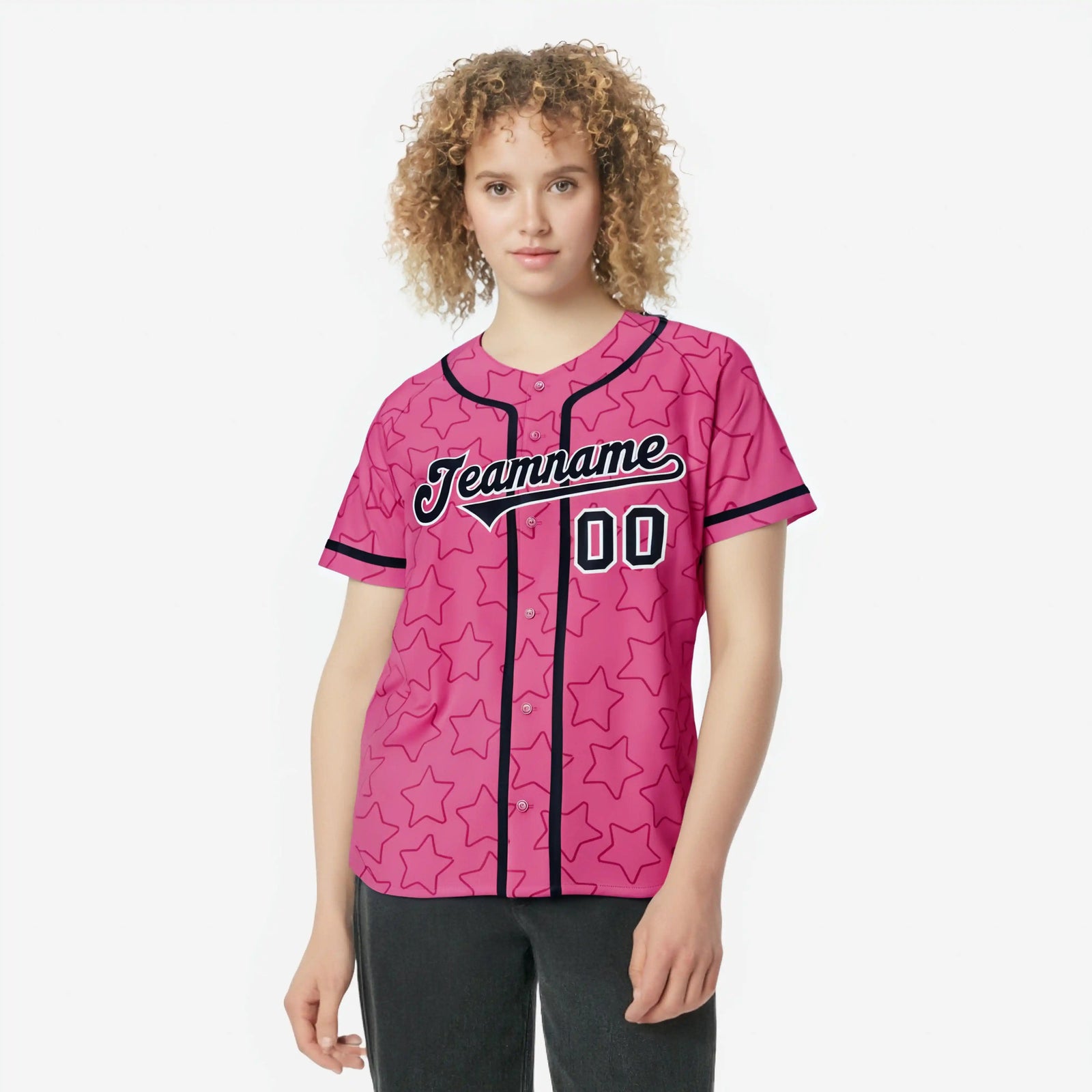 Custom Star Pink Black Baseball Jersey Button Down Shirt Personalized for Adults/Youth