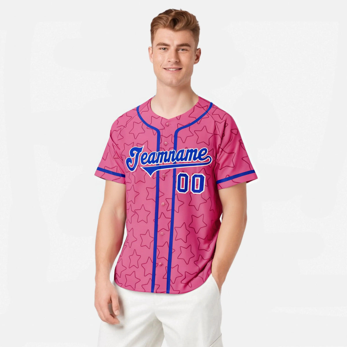 Custom Star Pink Blue Baseball Jersey Button Down Shirt Personalized for Adults/Youth