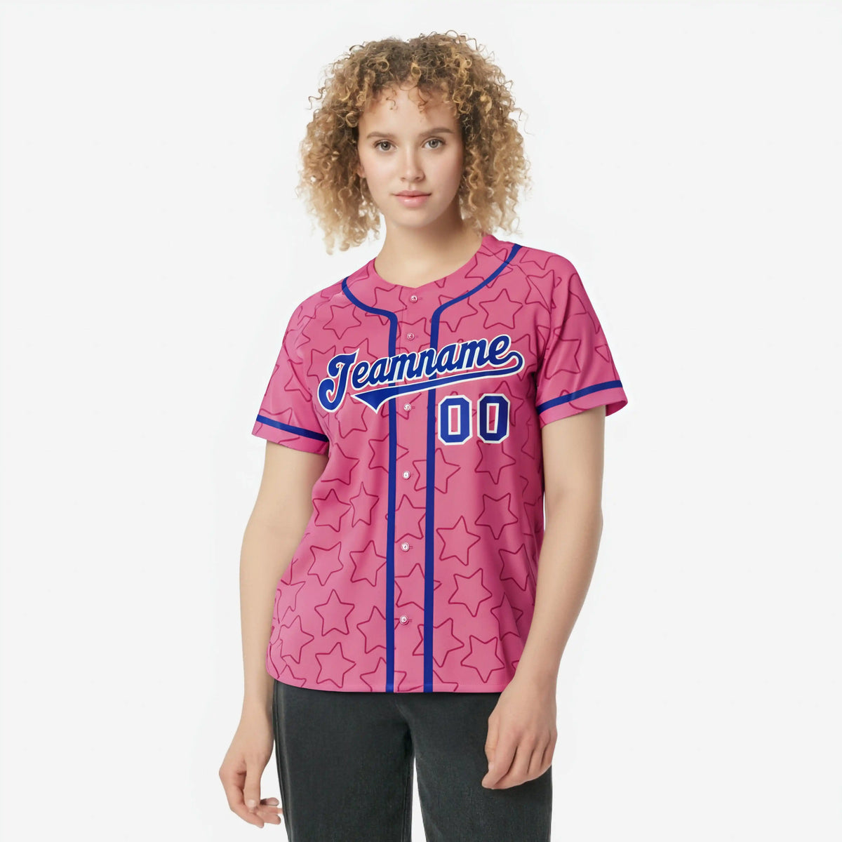 Custom Star Pink Blue Baseball Jersey Button Down Shirt Personalized for Adults/Youth