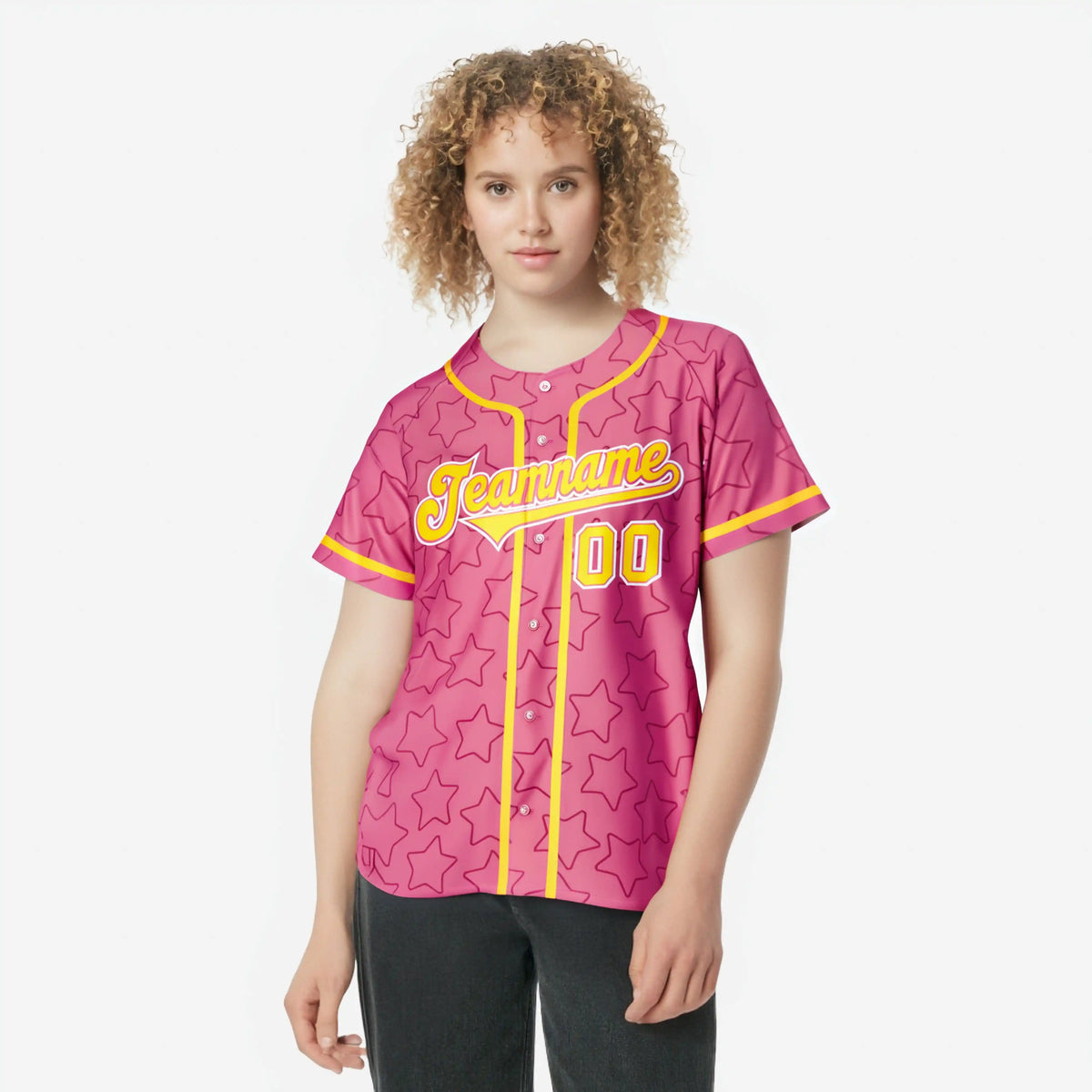 Custom Star Pink Yellow Baseball Jersey Button Down Shirt Personalized for Adults/Youth