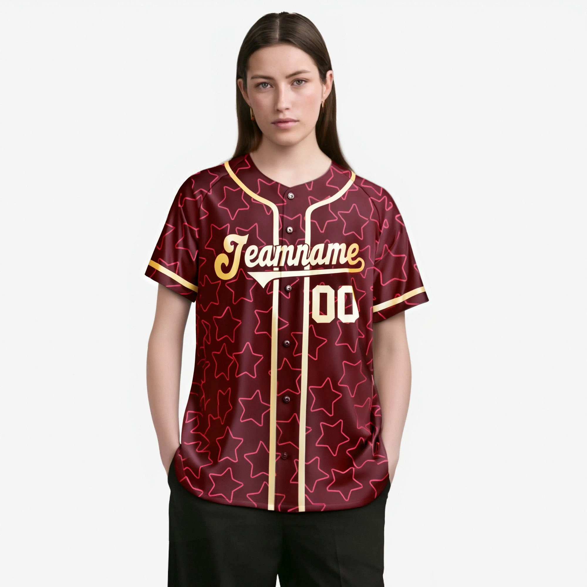 Custom Star Maroon Gold Baseball Jersey Button Down Shirt Personalized for Adults/Youth