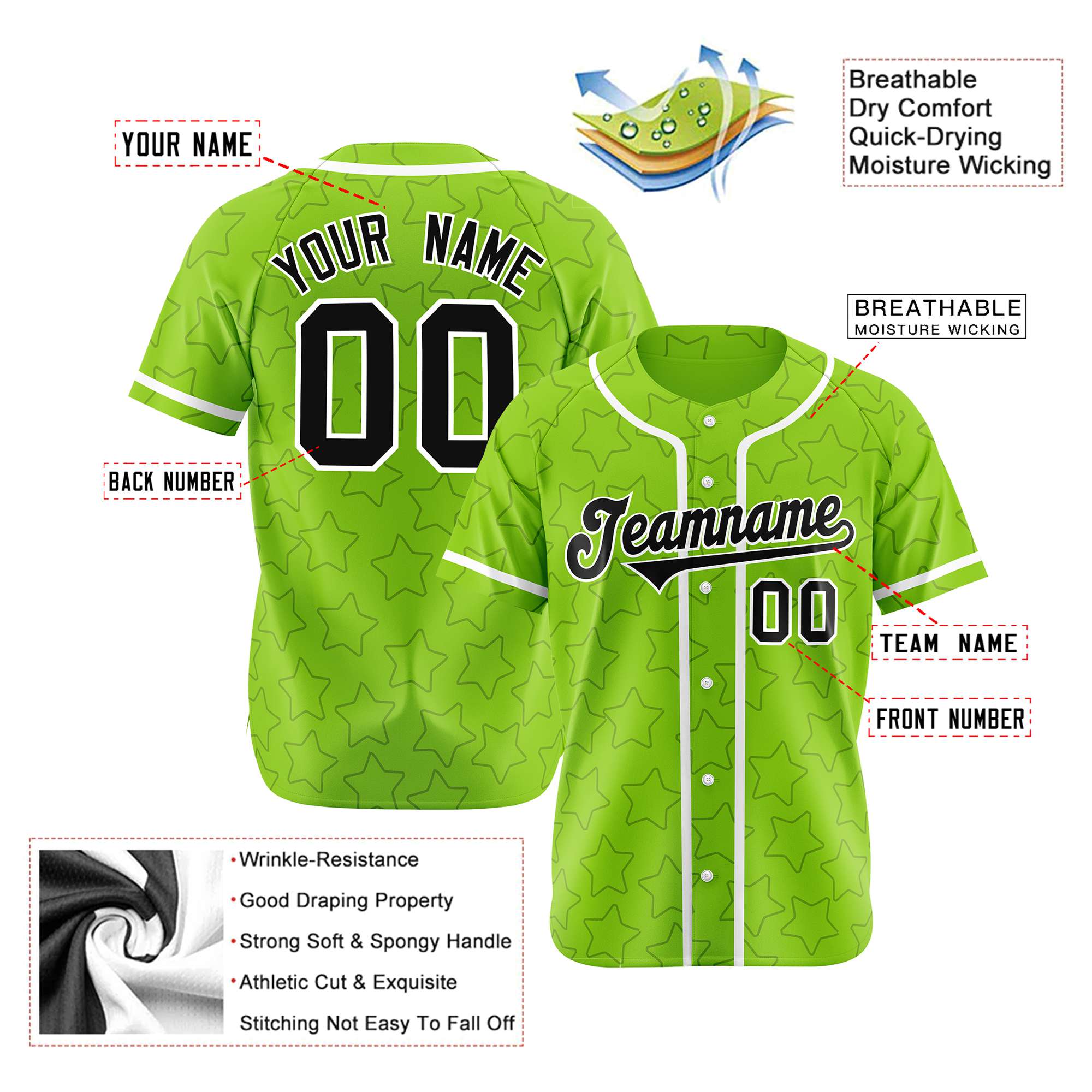 Custom Star Neon Green-Blue Baseball Jersey Button Down Shirt Personalized for Adults/Youth