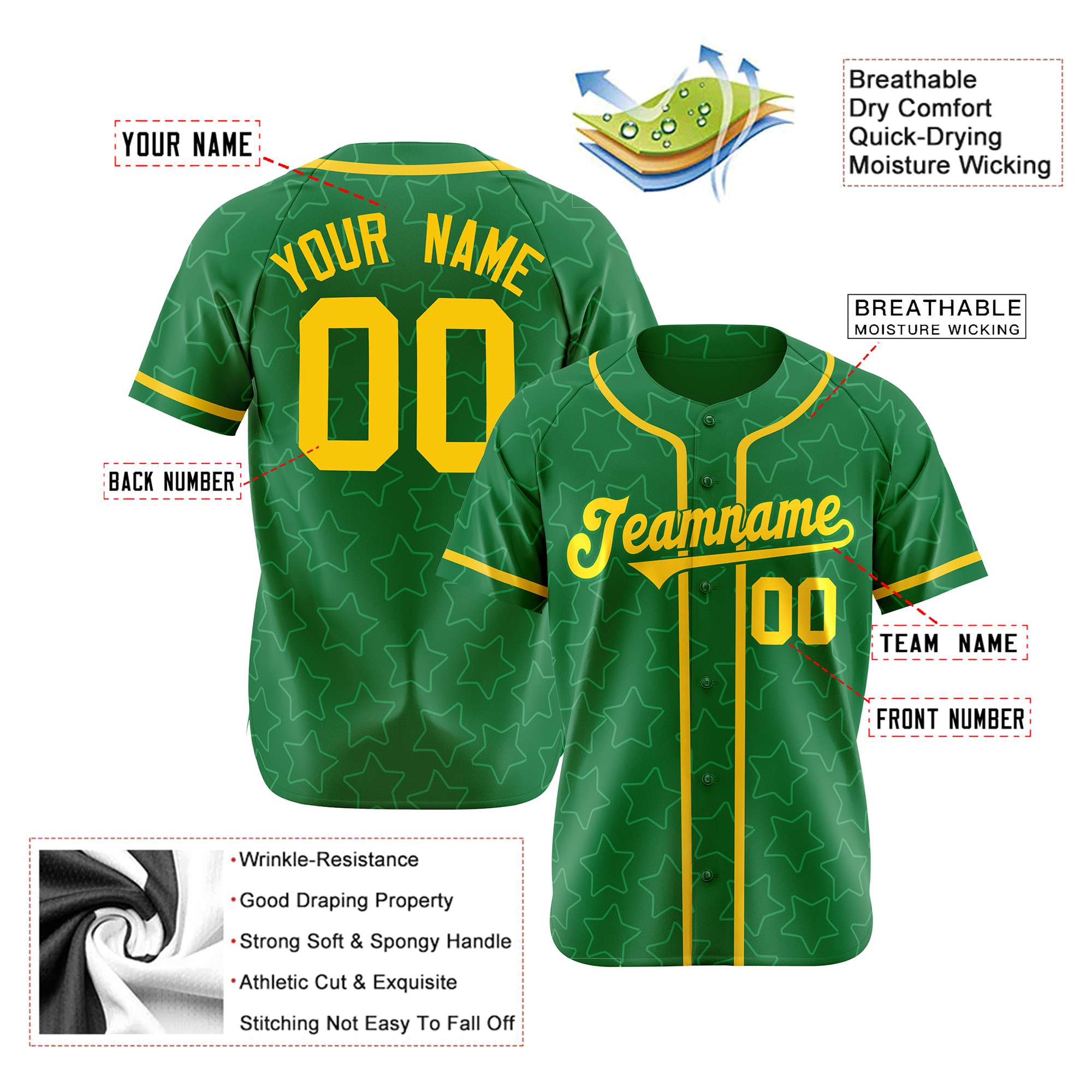 Custom Star Green Gold Baseball Jersey Button Down Shirt Personalized for Adults/Youth