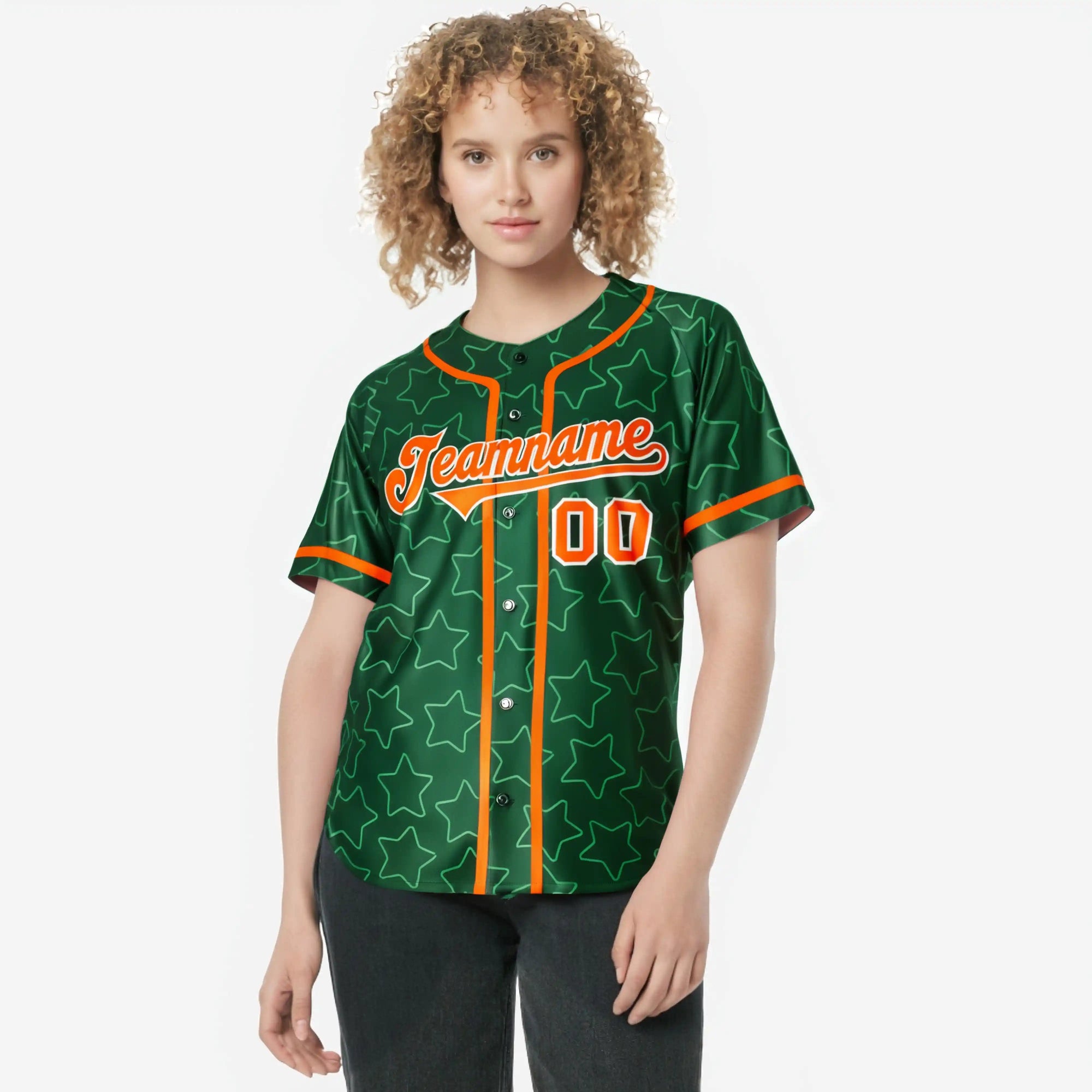 Custom Star Green Orange Baseball Jersey Button Down Shirt Personalized for Adults/Youth