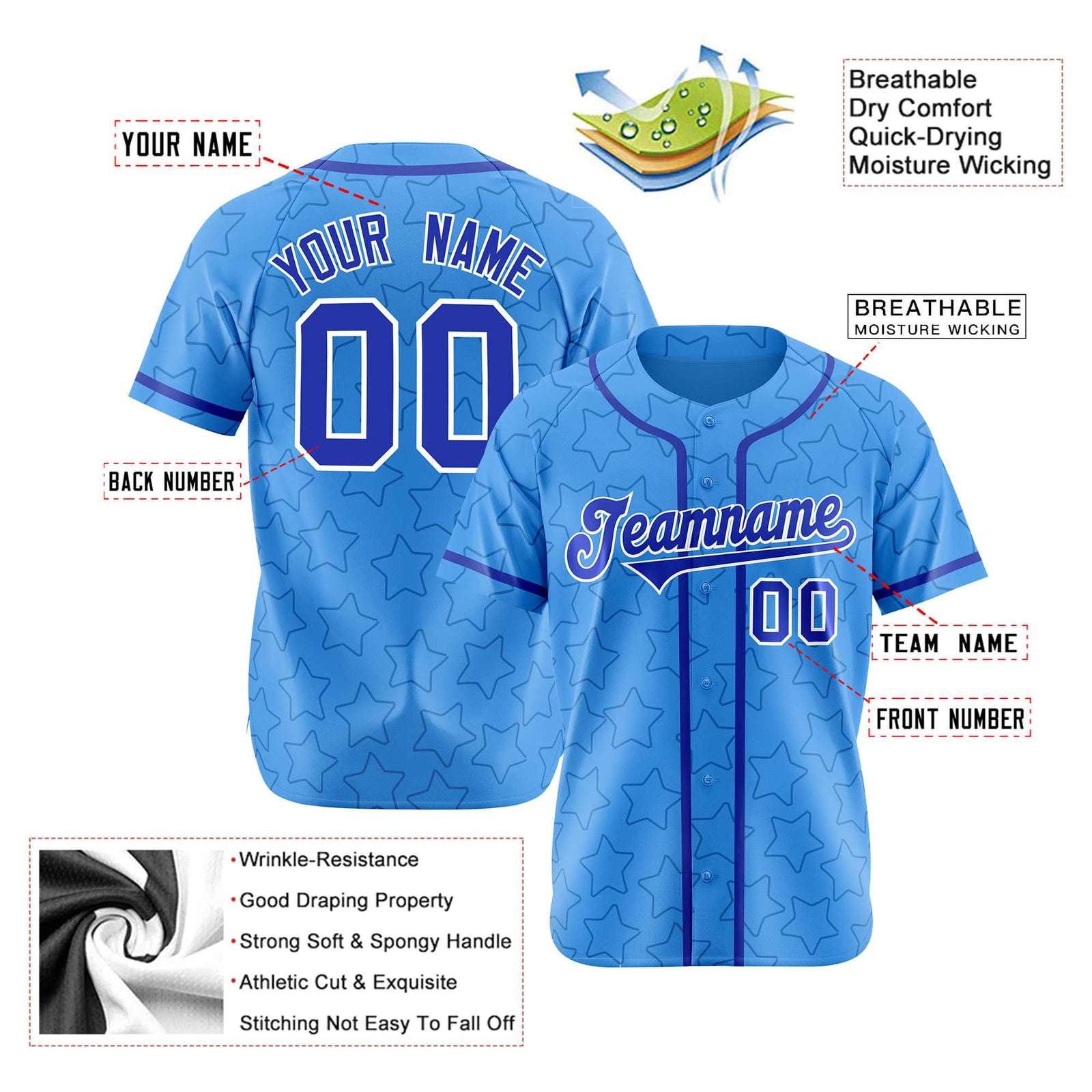 Custom Star Blue-Royal Baseball Jersey Button Down Shirt Personalized for Adults/Youth