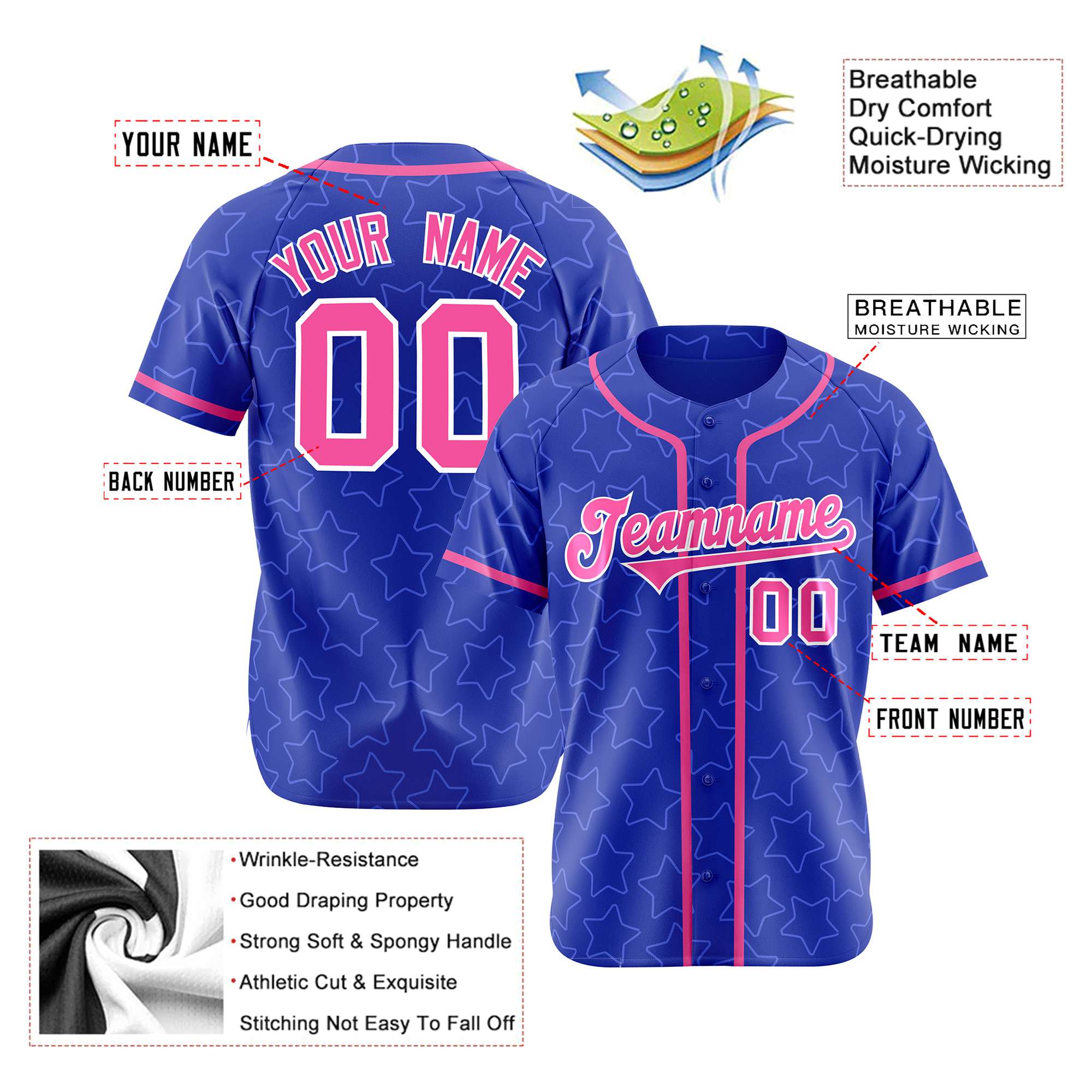 Custom Star Blue Pink Baseball Jersey Button Down Shirt Personalized for Adults/Youth