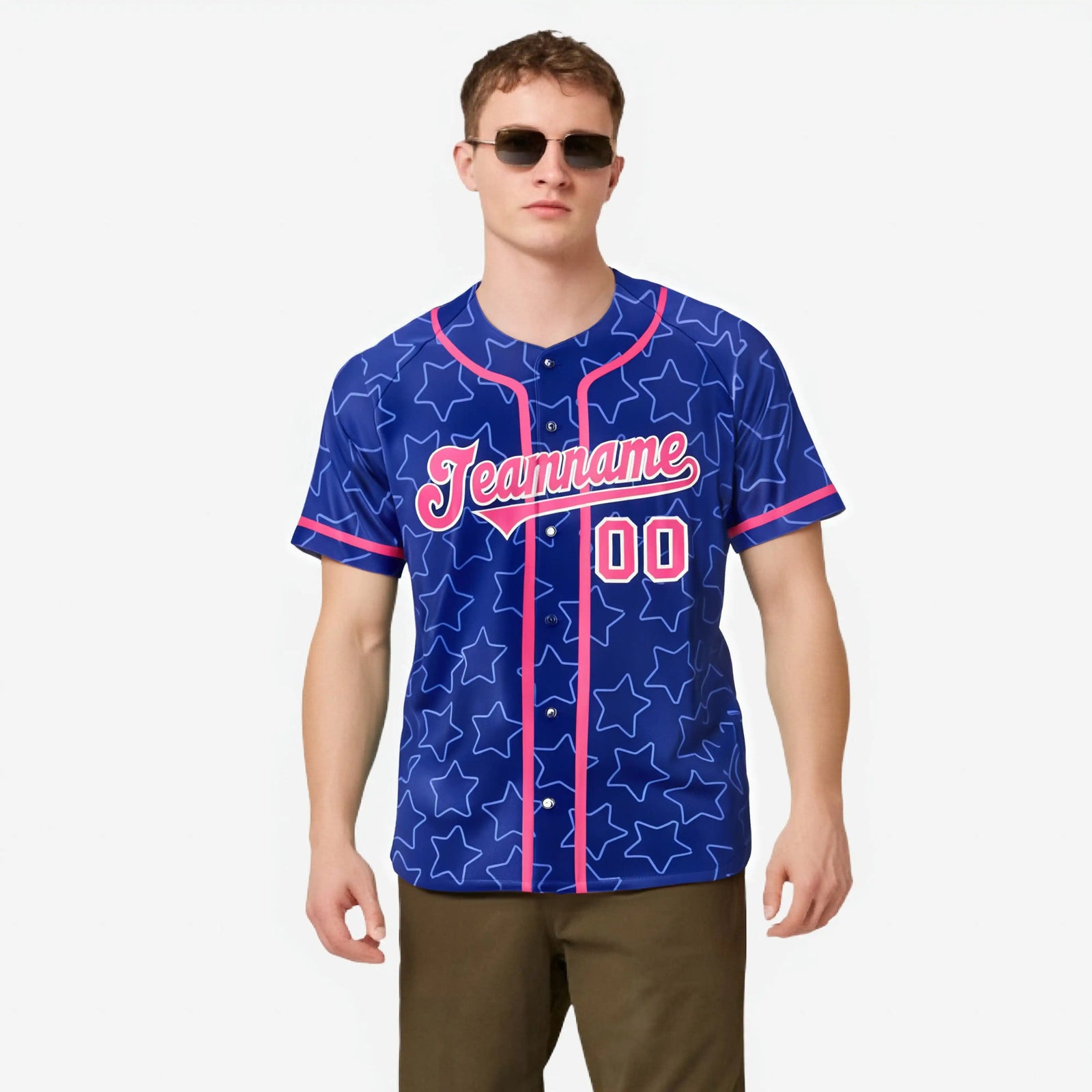 Custom Star Blue Pink Baseball Jersey Button Down Shirt Personalized for Adults/Youth