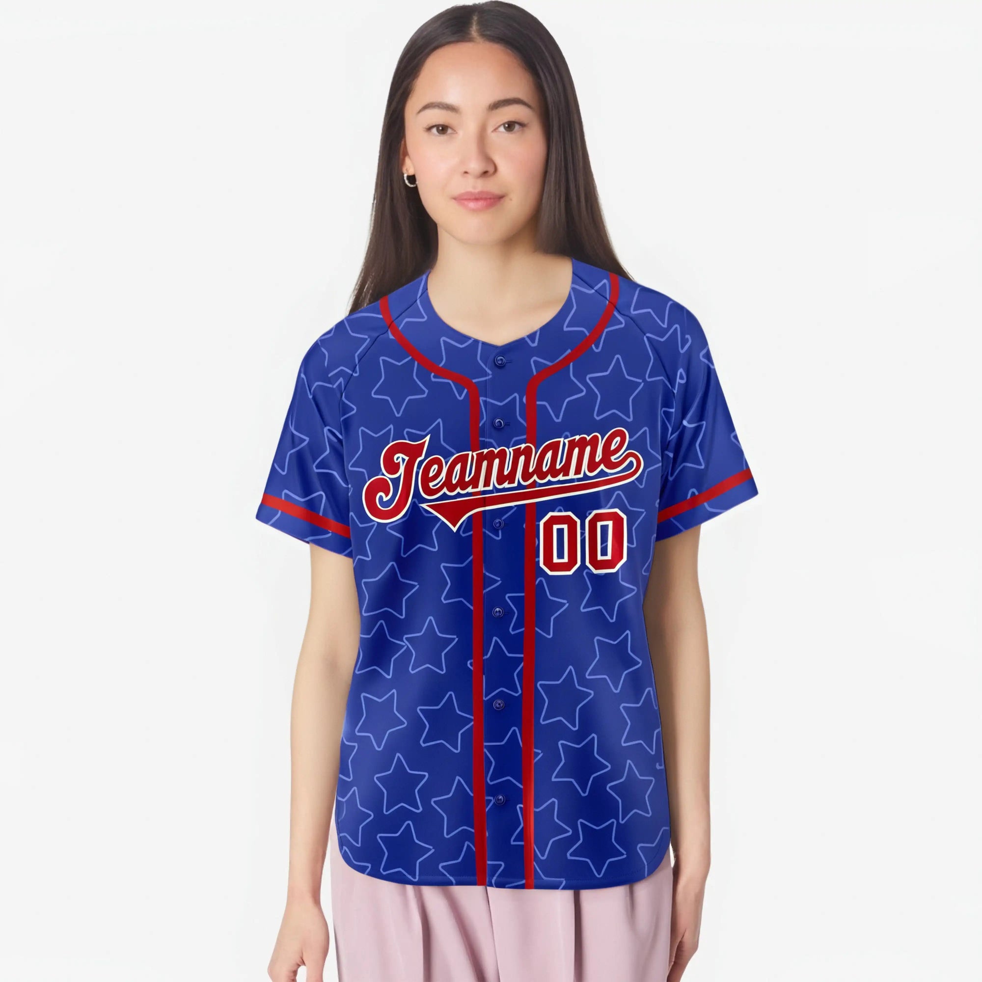 Custom Star Blue Red Baseball Jersey Button Down Shirt Personalized for Adults/Youth