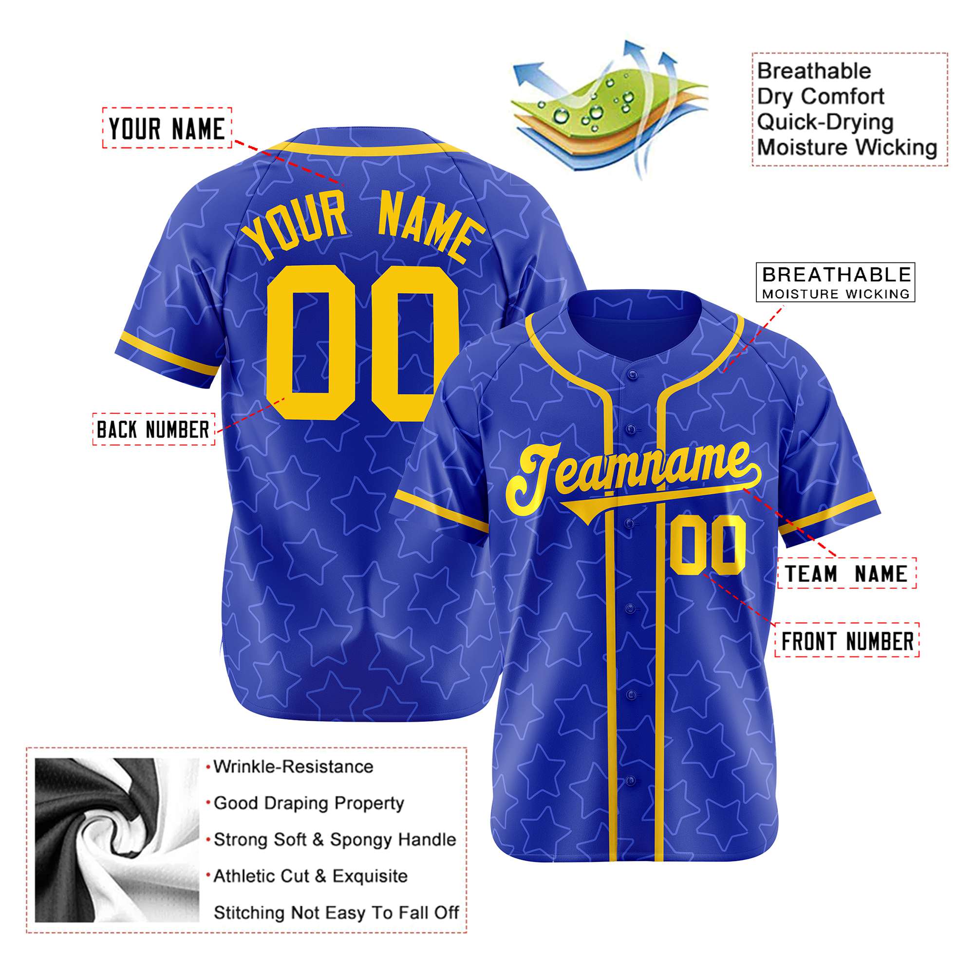 Custom Star Blue Gold Baseball Jersey Button Down Shirt Personalized for Adults/Youth