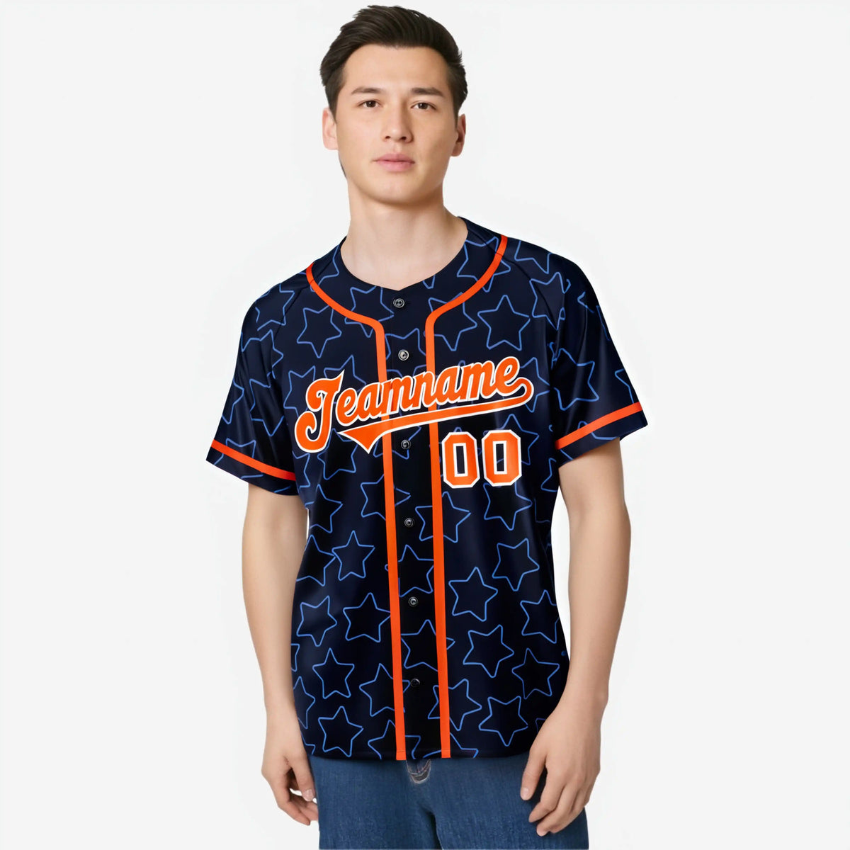 Custom Star Navy Blue Orange Baseball Jersey Button Down Shirt Personalized for Adults/Youth