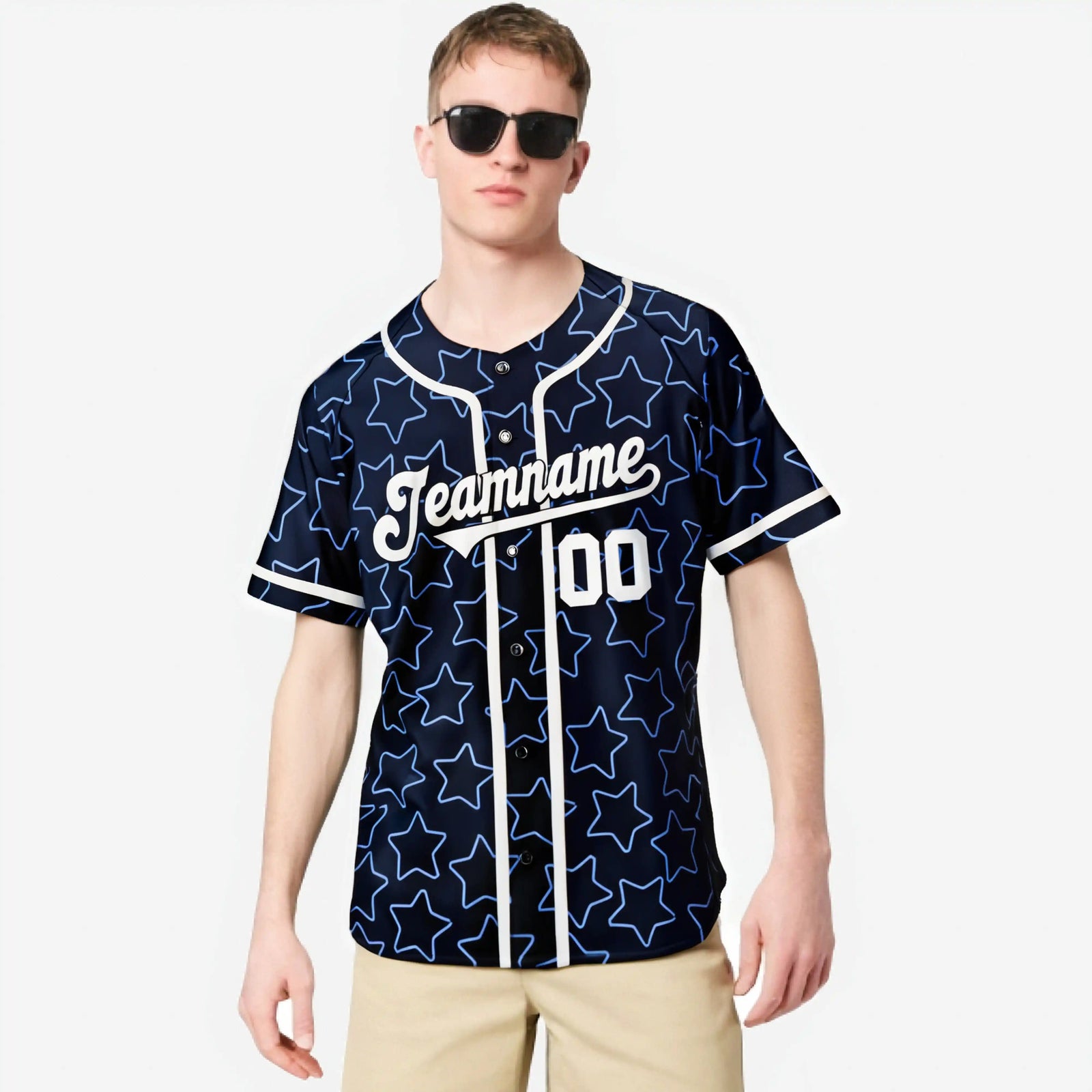 Custom Star Navy Blue-White Baseball Jersey Button Down Shirt Personalized for Adults/Youth