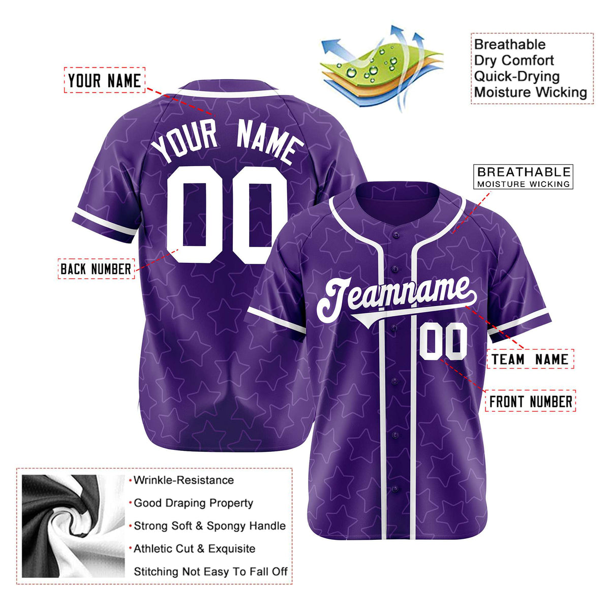 Custom Star Purple White Baseball Jersey Button Down Shirt Personalized for Adults/Youth