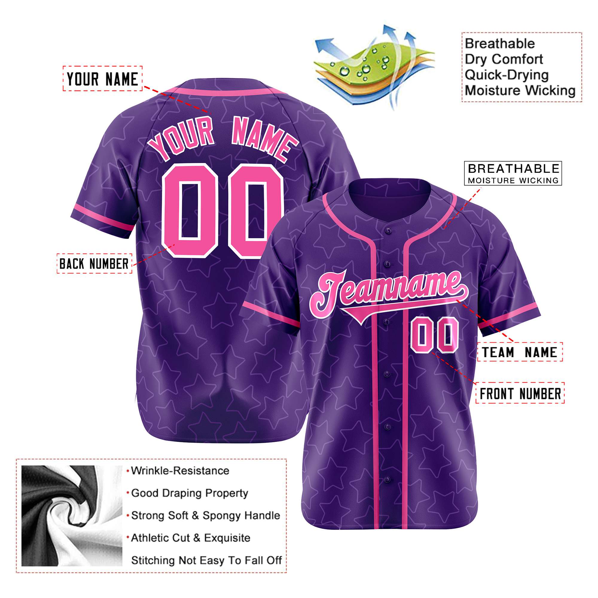 Custom Star Purple Pink Baseball Jersey Button Down Shirt Personalized for Adults/Youth