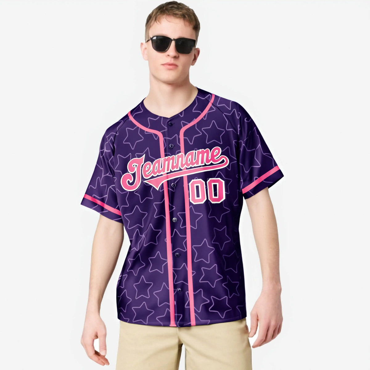 Custom Star Purple Pink Baseball Jersey Button Down Shirt Personalized for Adults/Youth