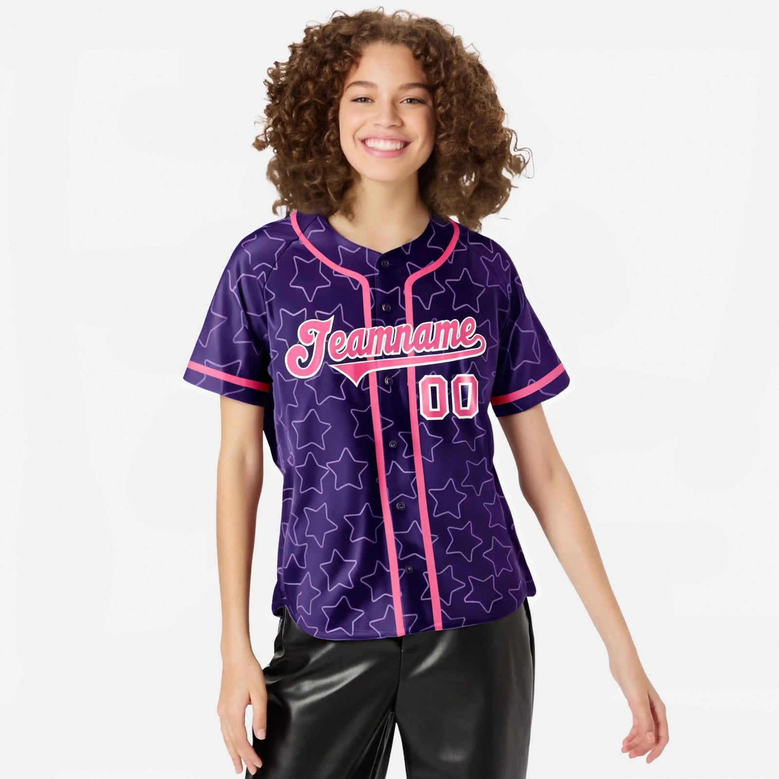 Custom Star Purple Pink Baseball Jersey Button Down Shirt Personalized for Adults/Youth
