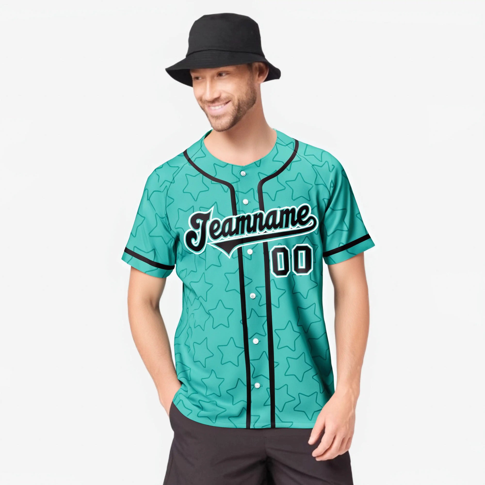 Custom Star Turquoise Black Baseball Jersey Button Down Shirt Personalized for Adults/Youth