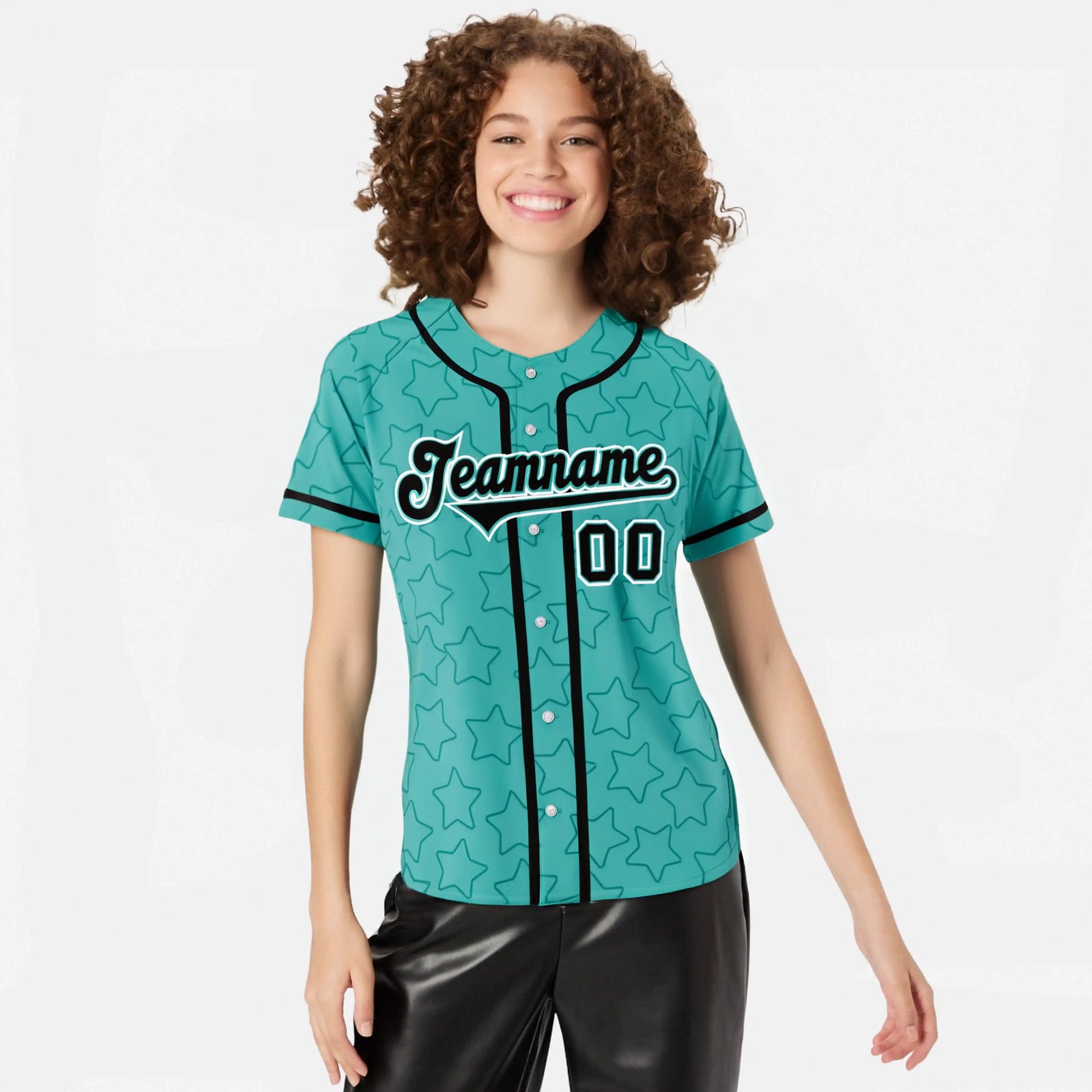 Custom Star Turquoise Black Baseball Jersey Button Down Shirt Personalized for Adults/Youth