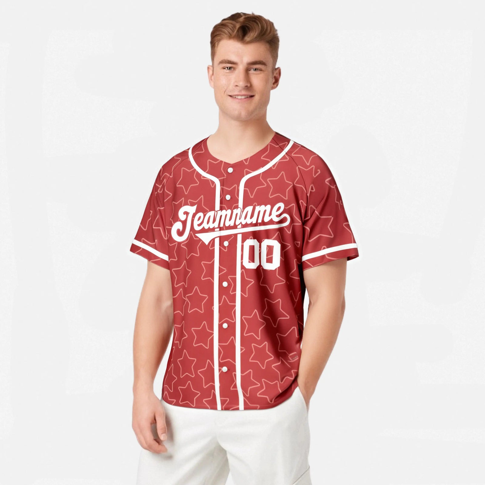Custom Star Red White Baseball Jersey Button Down Shirt Personalized for Adults/Youth