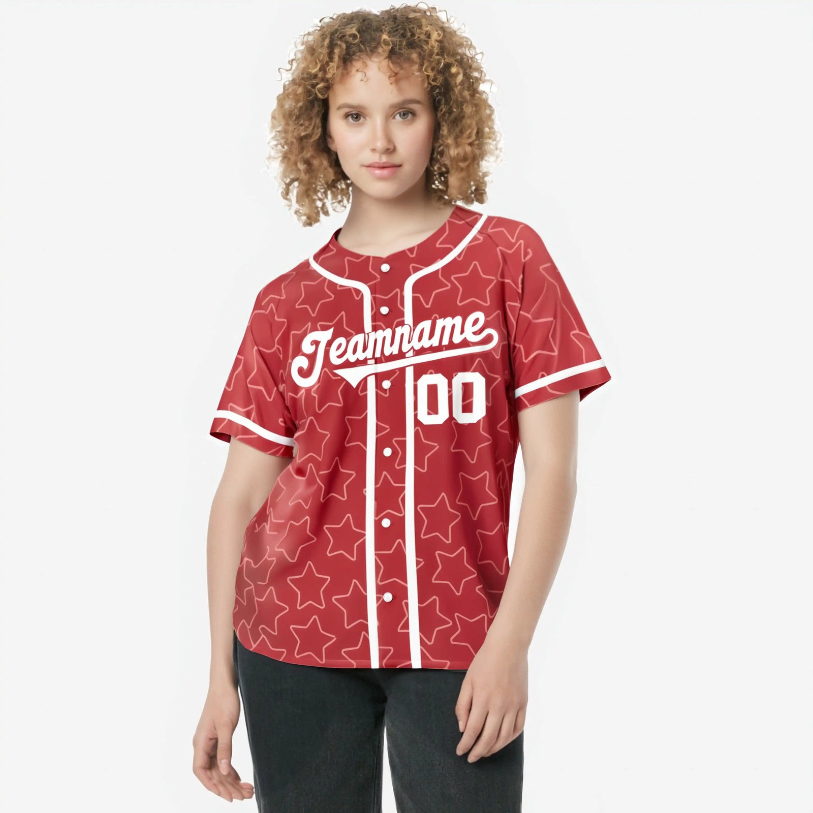 Custom Star Red White Baseball Jersey Button Down Shirt Personalized for Adults/Youth