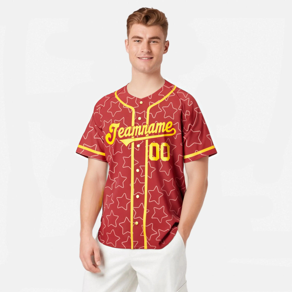 Custom Star Red Gold Baseball Jersey Button Down Shirt Personalized for Adults/Youth