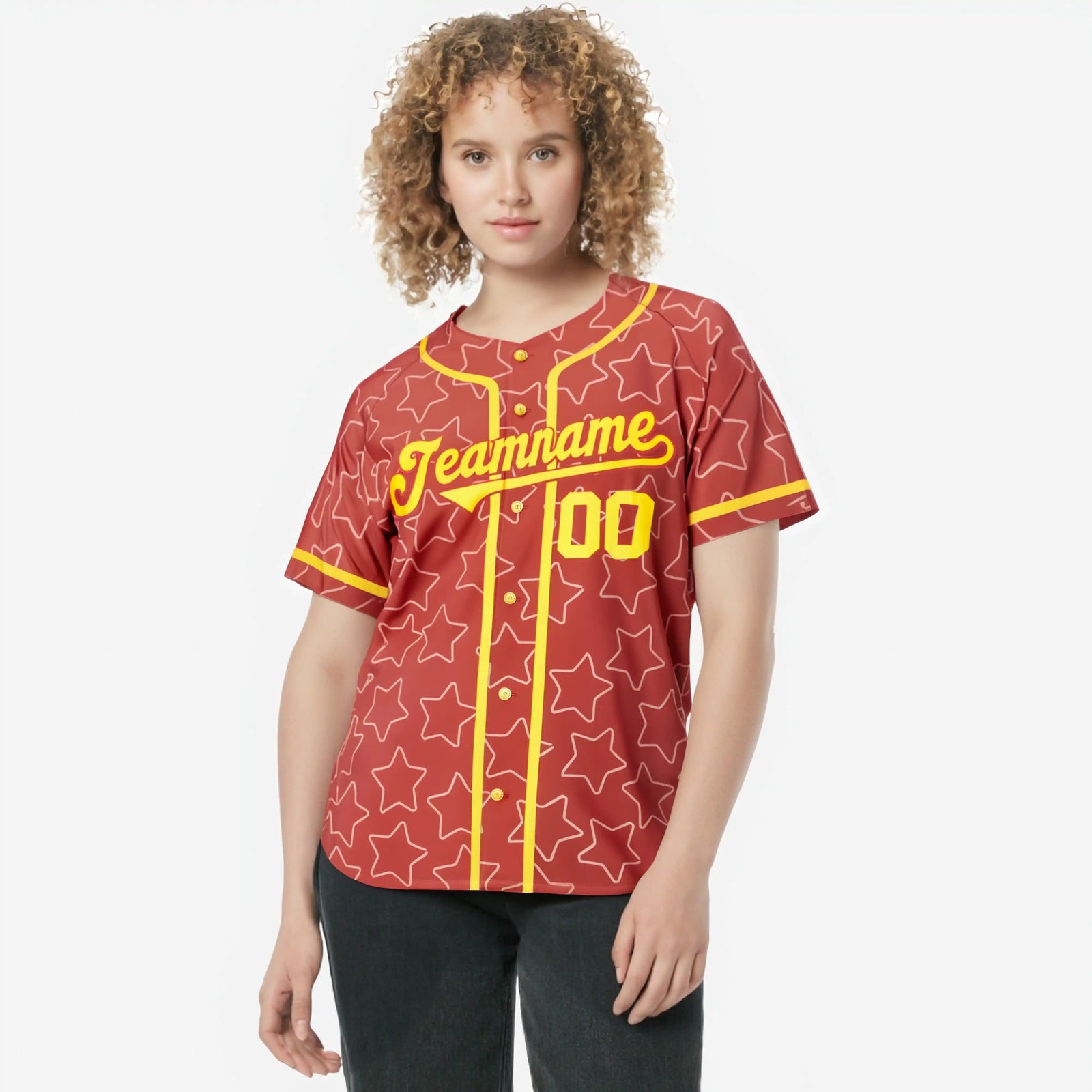 Custom Star Red Gold Baseball Jersey Button Down Shirt Personalized for Adults/Youth