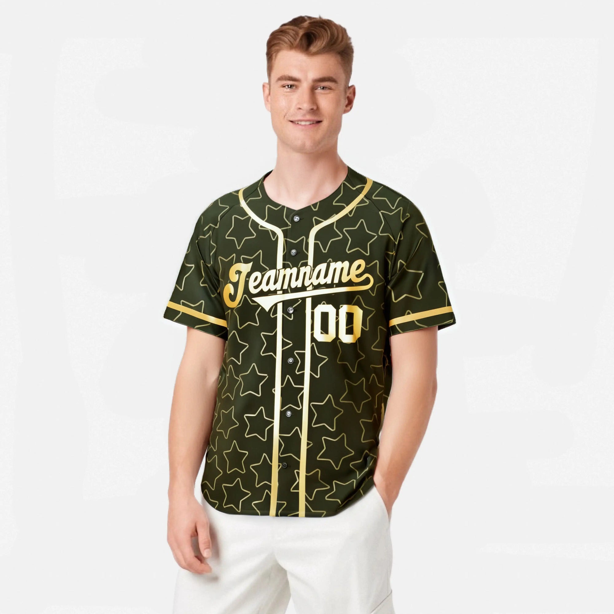 Custom Star Olive Green Gold Baseball Jersey Button Down Shirt Personalized for Adults/Youth